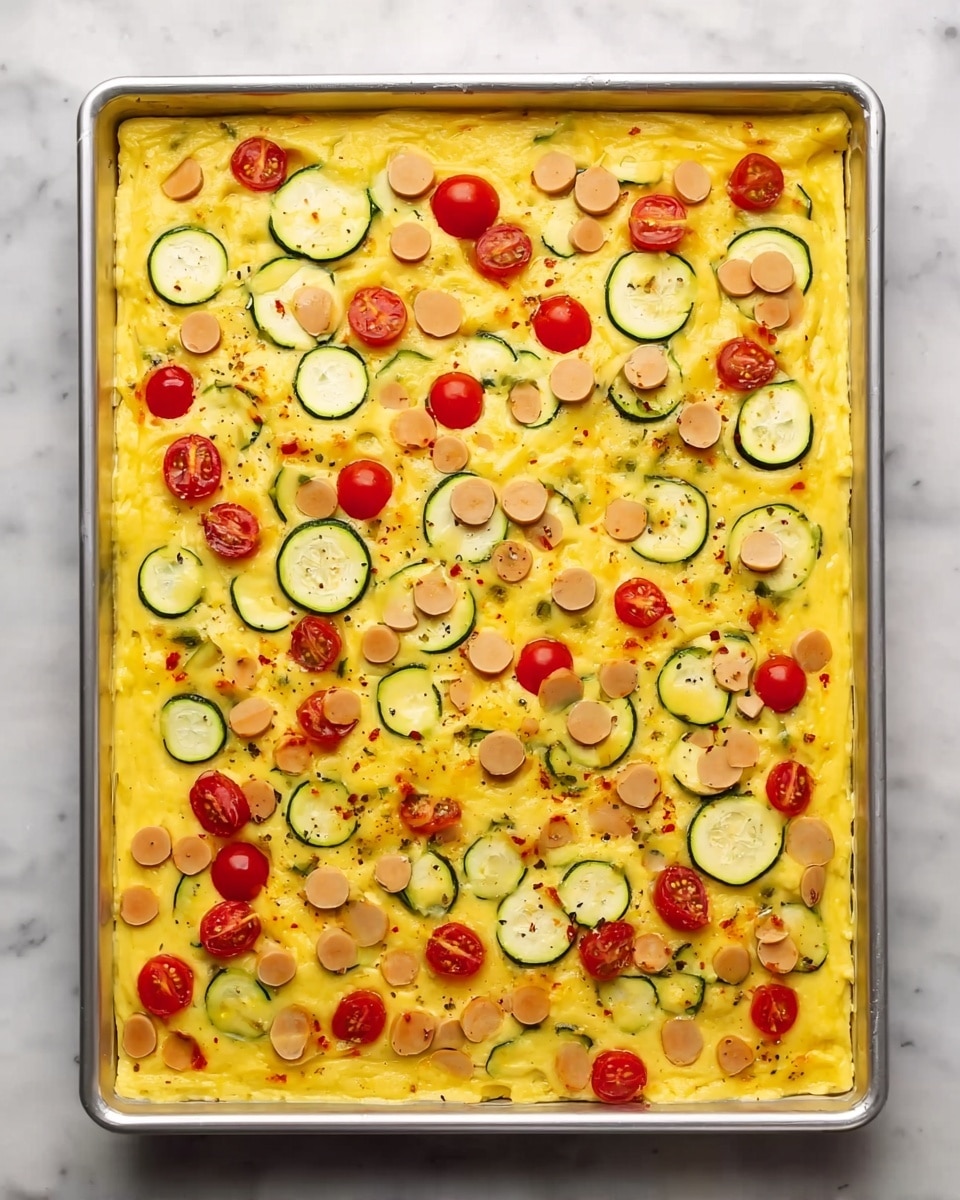 A large rectangular metal baking tray filled with a thick yellow layer that looks soft and cooked. On top of this yellow layer, there are many evenly spread small round light brown pieces and thin green slices of zucchini. Scattered among these are halved bright red cherry tomatoes. The texture of the base looks smooth but with some small browned spots and bits of seasoning visible throughout. The tray is placed on a white marbled surface. photo taken with an iphone --ar 4:5 --v 7