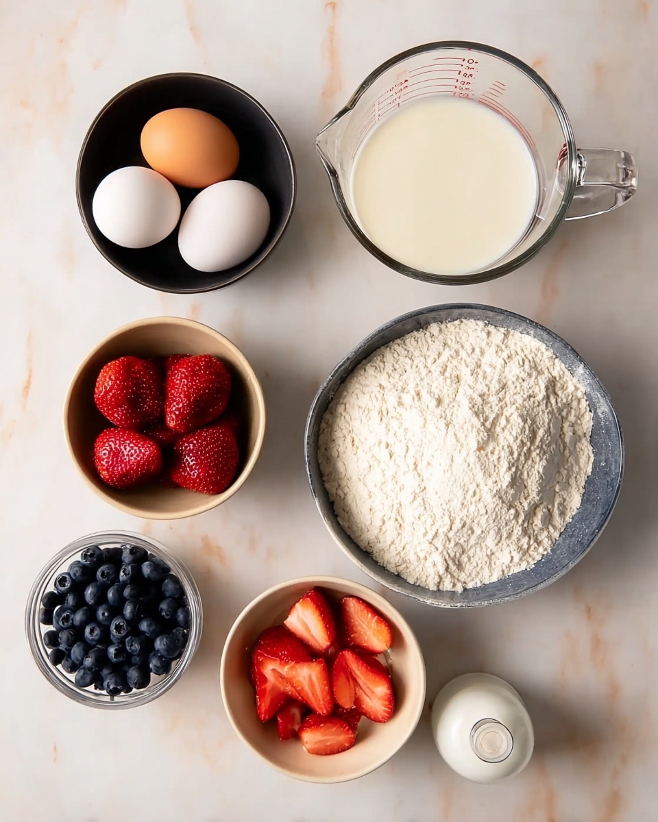 A set of baking ingredients is arranged on a white marbled surface: a clear glass bowl on the right filled with fine white flour, a black bowl above holding four eggs, a glass measuring cup filled with milk on the left, a small beige bowl at the bottom right with sliced red strawberries, a small white bowl at the bottom left full of dark blue blueberries, and a small bottle with a white cap near the center. The colors vary from bright white of the flour and milk to the warm orange of the eggs and fresh red strawberries, all placed neatly side by side. Photo taken with an iphone --ar 4:5 --v 7