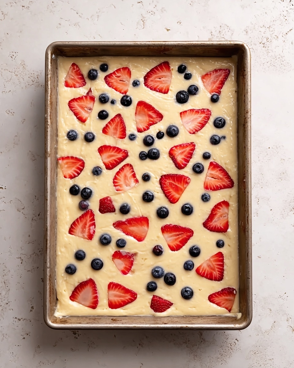 A rectangular metal baking tray holds one even layer of pale yellow cake batter, spread flat and smooth. Scattered over the batter are red strawberry slices, each slice showing its seeds and soft texture, and small round blueberries with a deep blue color and slight shine, creating a colorful and fresh look on the surface. The tray rests on a white marbled textured surface. photo taken with an iphone --ar 4:5 --v 7