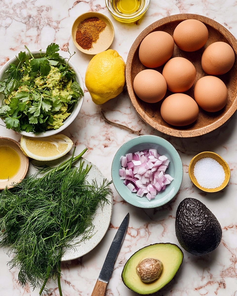 The image shows fresh ingredients arranged on a white marbled surface. On the top right, there is a wooden bowl filled with six brown eggs. Below the eggs, a half avocado with a brown seed sits next to a whole dark green avocado inside a small white bowl, with a knife resting beside them. To the left, a white bowl holds fresh green herbs, including parsley and dill, with a whole yellow lemon in front. Above the herbs, there is a light blue bowl filled with chopped red onions. A small clay dish containing coarse salt and a small mustard-yellow bowl with a spoon holding a ground spice sit near the top left. A small glass container of golden olive oil is partially visible behind the eggs. photo taken with an iphone --ar 4:5 --v 7