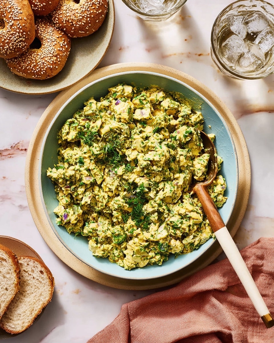 A bowl filled with a yellow-green chunky salad that looks like a mix of chopped ingredients with green herbs scattered throughout. The bowl is pale blue and sits on a larger beige plate. A wooden spoon with a cream handle rests inside the bowl. Nearby, there is a white plate holding three sesame-seed bagels and a clear glass filled with ice water on a white marbled surface. A folded soft peach cloth is placed near the bowl, adding a warm touch. photo taken with an iphone --ar 4:5 --v 7