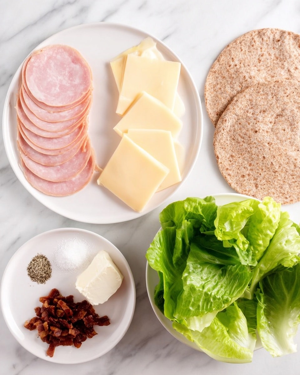 The image shows a white plate with two neat layers of slices: the left side has six light pink round ham slices with a slightly shiny texture, overlapping each other, and the right side has seven pale yellow square cheese slices stacked evenly. To the right of this plate, there are two round whole wheat flatbreads with a rough texture. Below, a white bowl is filled with fresh and bright green lettuce leaves, loosely piled. Next to the bowl, a small white plate holds five tiny piles: one with dark brown chopped bacon, one with creamy white mayonnaise, one with a small white block of cream cheese, and two piles of fine white salt and black pepper. The background is a white marbled surface. photo taken with an iphone --ar 4:5 --v 7