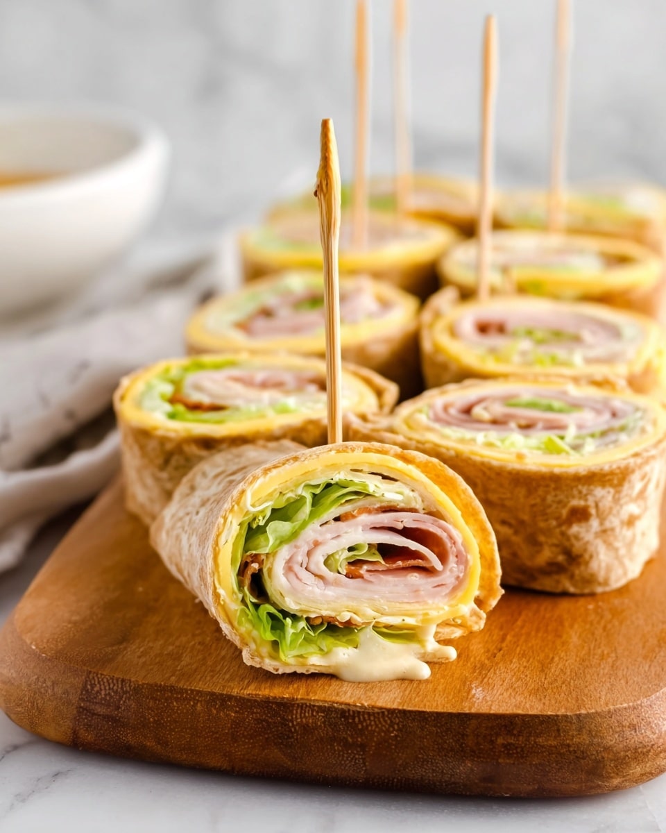 The image shows several small wrap rolls lined up on a wooden board over a white marbled surface. Each wrap has three visible layers: the outer layer is a light brown tortilla, the middle layer is yellow cheese, and the innermost layer includes curled slices of light pink meat, green lettuce, and a small amount of creamy light brown sauce. Each wrap is held together by a wooden toothpick standing upright. In the background, there is a white bowl slightly out of focus. photo taken with an iphone --ar 4:5 --v 7