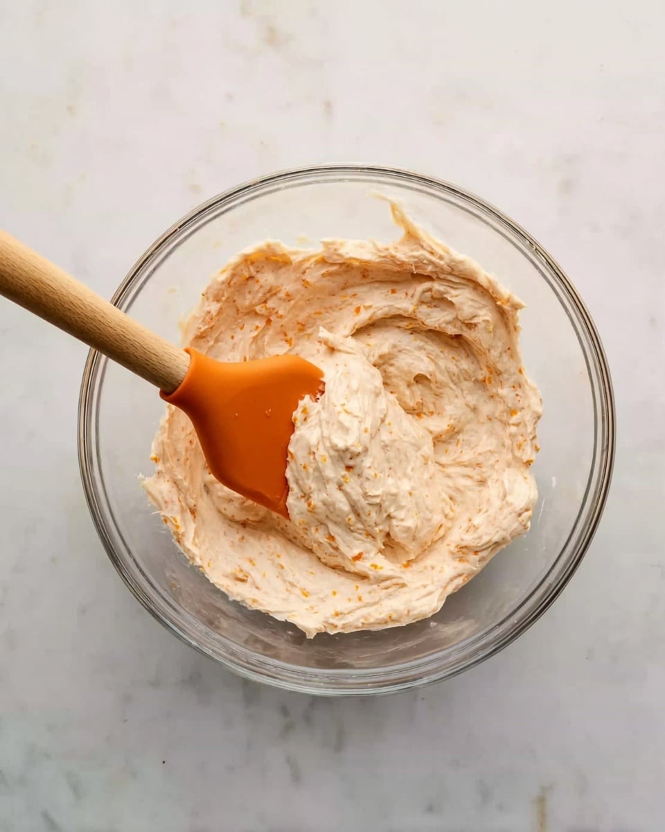 A clear glass bowl sits on a white marbled surface, filled with a creamy mixture that has a light beige color with small bits of orange spread throughout. An orange spatula with a wooden handle rests inside the bowl, partially covered in the mixture, showing a slightly rough texture with some soft folds and swirls. The scene looks bright and clean, highlighting the smooth and slightly chunky consistency of the mix. photo taken with an iphone --ar 4:5 --v 7