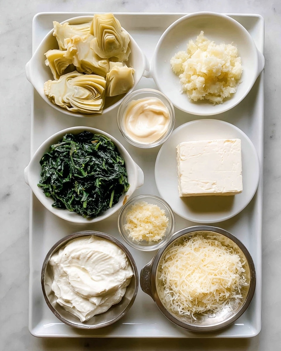A white rectangular tray holds seven small white bowls and plates arranged in two rows, each containing different cooking ingredients. The top row has artichoke hearts in pale yellow with a soft texture filling a bowl on the left, next to a small bowl of creamy off-white mayonnaise with a smooth texture, and a small dish with minced light yellow garlic. On the right side of this row, a white plate holds a block of cream cheese in white with a smooth texture. The bottom row features sour cream in a silver bowl with a thick, white appearance on the left, a bowl of dark green, finely chopped frozen spinach with a leafy texture in the middle, and a small silver bowl filled with grated pale yellow parmesan cheese with a fine, shredded texture on the right. The entire arrangement sits on a white marbled surface. photo taken with an iphone --ar 4:5 --v 7