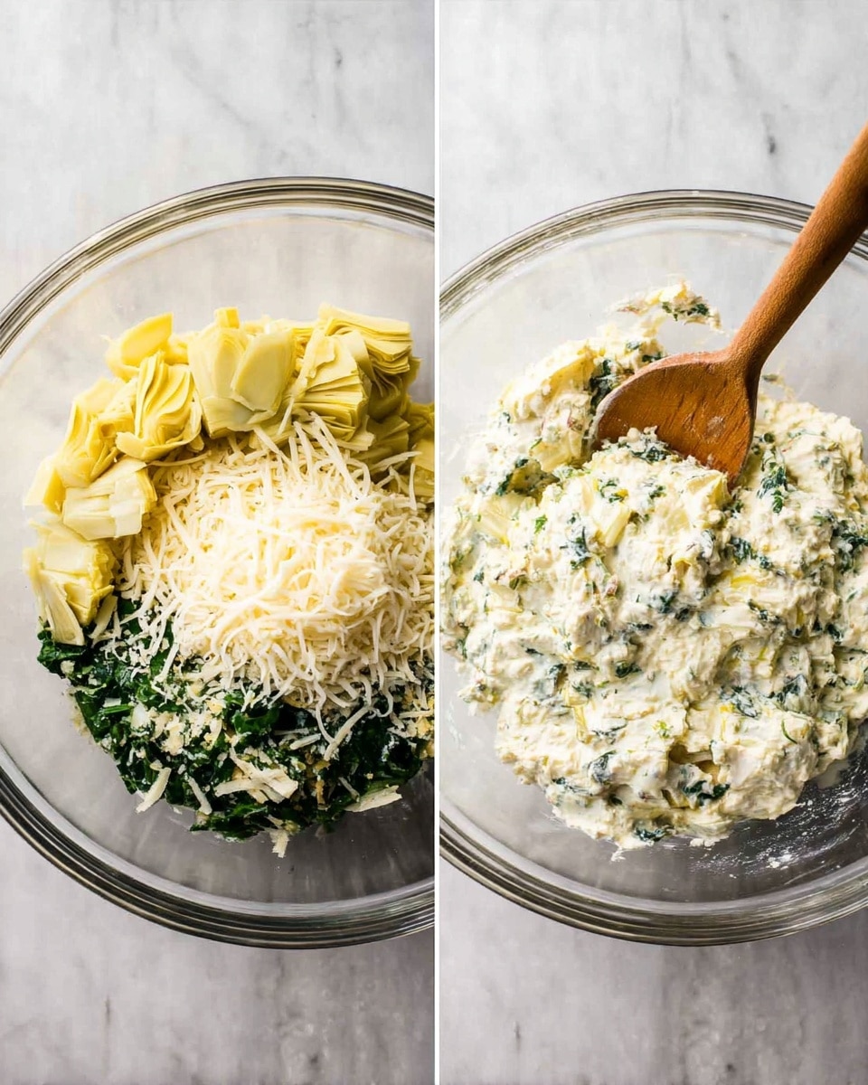 A clear glass bowl is shown in two views on a white marbled surface. On the left side, the bowl holds four separate layers: light yellow chopped artichoke pieces, bright green chopped spinach, a pile of white shredded cheese, and a creamy white base underneath. On the right side, the same bowl shows all the ingredients mixed together into a thick creamy mixture with visible green and yellow bits. A wooden spoon is partially dipped into the bowl in both views. photo taken with an iphone --ar 4:5 --v 7