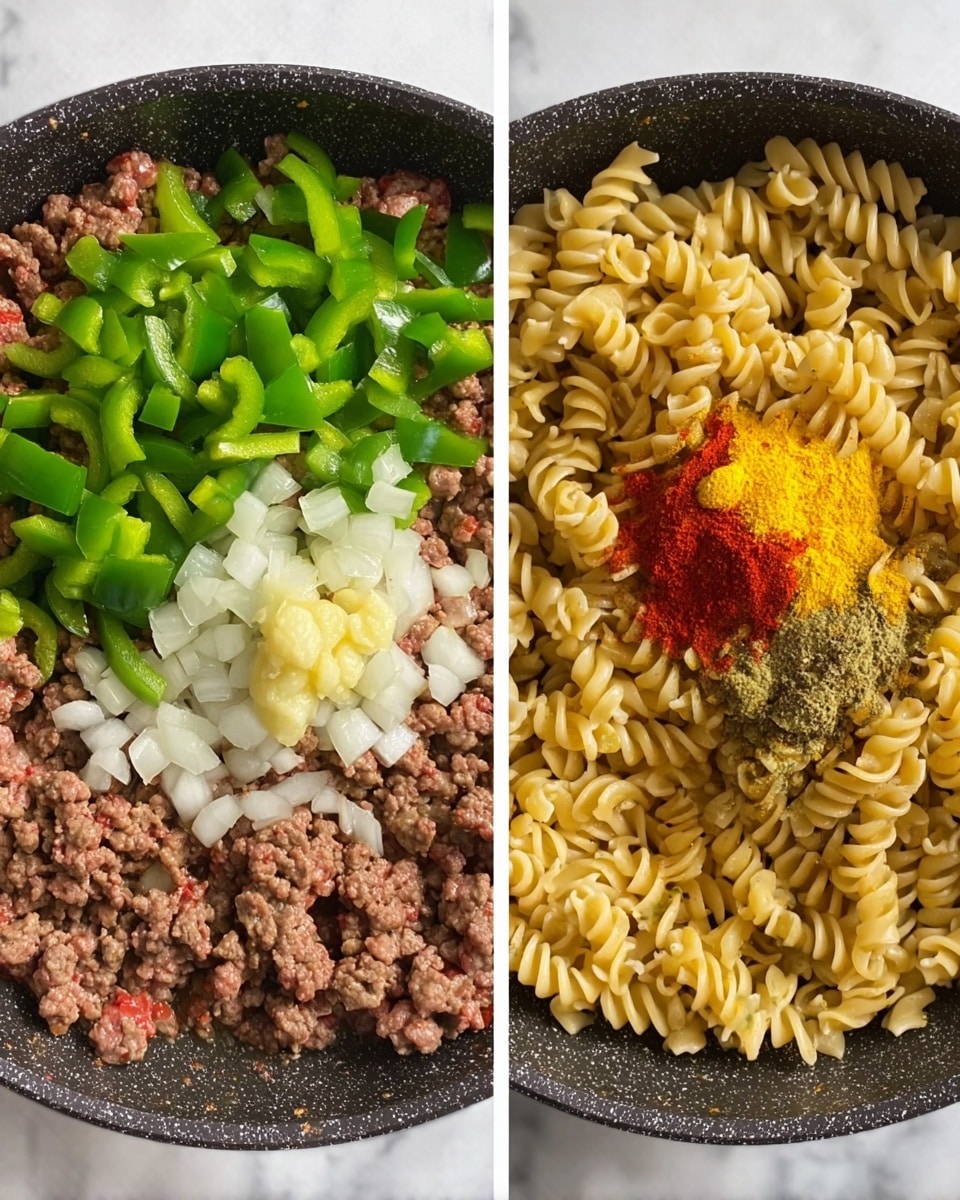 The first image shows a close-up of a frying pan with cooked brown ground meat as the base layer. On top of the meat there are chopped green bell pepper slices, finely chopped white onions, and a dollop of light yellow minced garlic placed separately. The second image shows the same frying pan, still with the cooked ground meat and green bell peppers underneath. A layer of small twisted pasta pieces covers the meat partly and over the pasta are layered three dollops of spices: bright yellow turmeric, deep red chili powder, and mustard yellow mustard. The cooking pan rests on a white marbled background. photo taken with an iphone --ar 4:5 --v 7