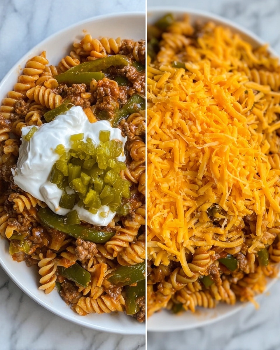 The image shows a close-up top view of a white plate filled with a layered pasta dish. The base layer is a mix of rotini pasta, cooked ground meat, and sliced green bell peppers, all coated in a reddish sauce. On top of this layer, there is a small pile of finely chopped pickles centered on the dish. A dollop of white sour cream sits neatly next to the pickles. The next image shows the same pasta mixture now topped with a generous layer of finely shredded bright orange cheddar cheese spread evenly over the dish. The background surface is white marbled texture. photo taken with an iphone --ar 4:5 --v 7