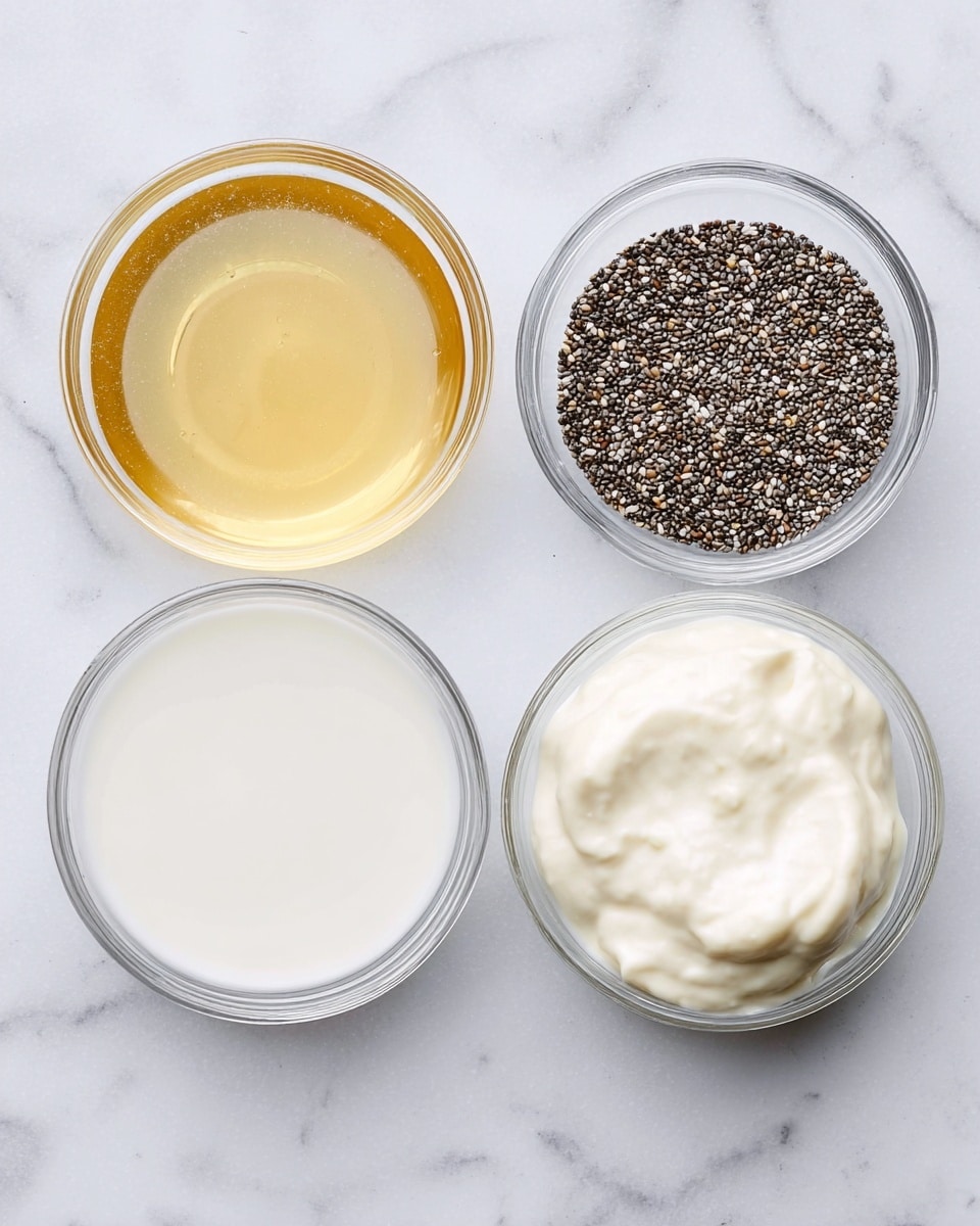 Four small clear glass bowls are placed on a white marbled surface. The top left bowl contains a light golden liquid, smooth and shiny. The top right bowl is filled with small black and white chia seeds, rough in texture. The bottom left bowl holds white milk, smooth and creamy in appearance. The bottom right bowl is filled with thick white yogurt that has a slightly lumpy texture. The bowls are evenly spaced, showing a simple and clean setup photo taken with an iphone --ar 4:5 --v 7