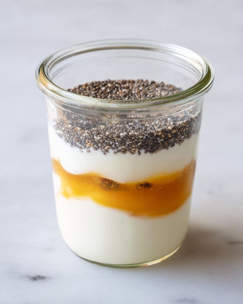 A clear glass jar with three visible layers inside: the bottom layer is creamy white yogurt, the middle layer is a thick honey swirl with a golden amber color, and the top layer is white yogurt topped with a dense layer of small black chia seeds, all set on a white marbled surface photo taken with an iphone --ar 4:5 --v 7