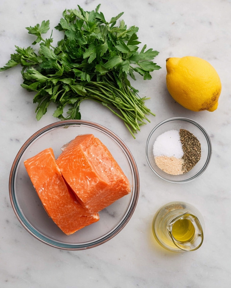 Three pieces of bright orange salmon with smooth texture rest in a clear glass bowl on a white marbled surface. To the left, a bunch of fresh green parsley lies flat, showcasing its leafy stems. Above the parsley, there is a whole yellow lemon with a slightly bumpy peel. In the center is a small clear bowl containing white salt, black pepper, and beige powdered spices arranged in distinct sections. Below this bowl, a small glass oil bottle with a spout is placed, showing light golden oil inside. All items are neatly arranged, creating a fresh and clean look. photo taken with an iphone --ar 4:5 --v 7