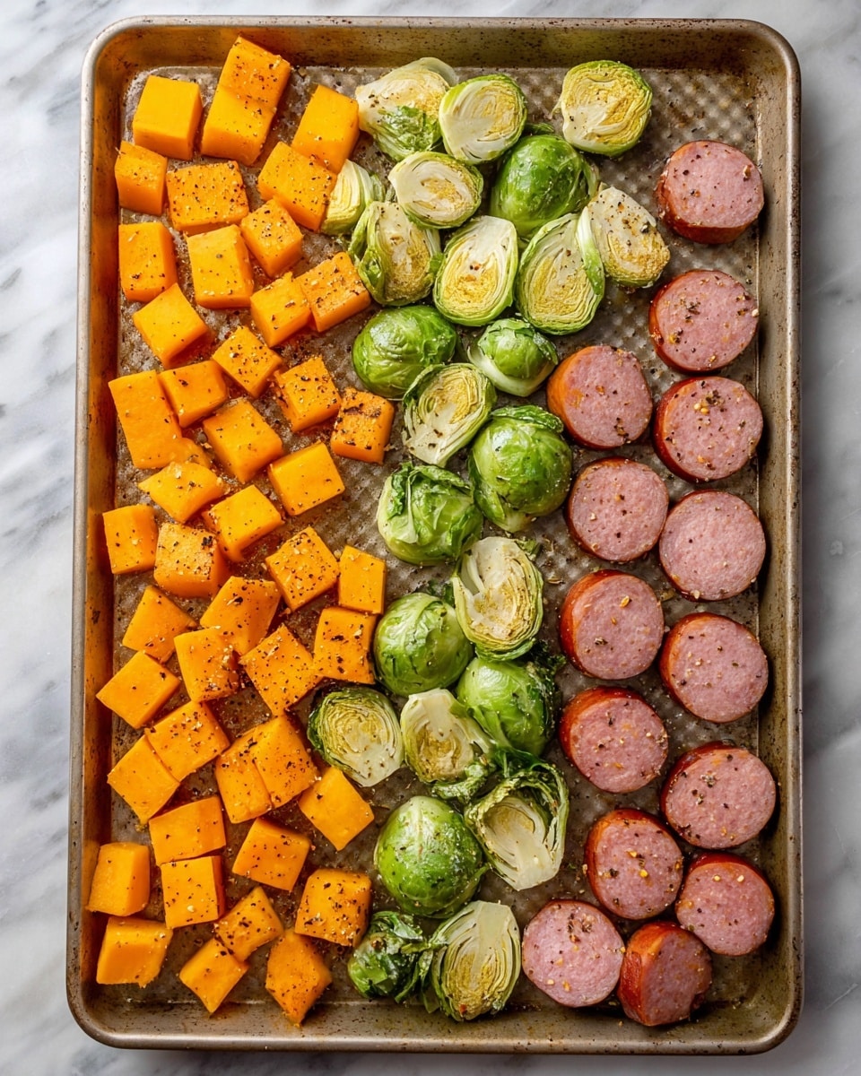A baking tray holds three rows of food items. On the left, there are bright orange cubes of butternut squash, cut into small chunks, slightly shiny with oil and sprinkled with black pepper. In the middle, there are halved Brussels sprouts showing layers of light and dark green leaves, also seasoned with black pepper and oil. On the right, there are thick slices of smoked sausage, showing a pinkish interior and darker skin, with small pepper flakes and oil coating. All the items are on a textured baking sheet on top of a white marbled surface. photo taken with an iphone --ar 4:5 --v 7