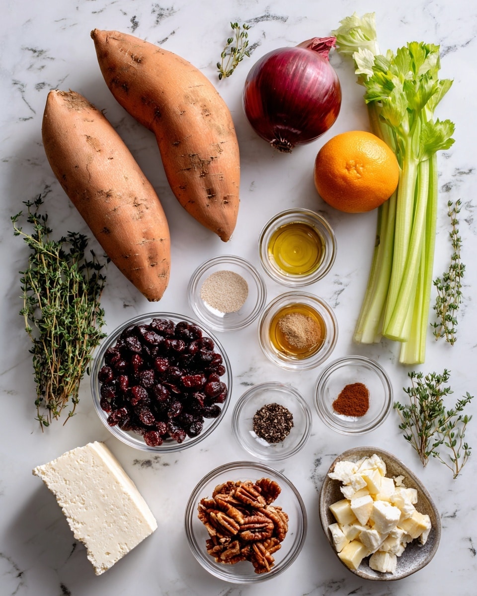 The image shows various fresh and dried ingredients laid out on a white marbled surface. There are two large, light orange sweet potatoes at the top left, a whole red onion at the top right, and beside it an orange. Near the center, there's a garlic bulb and three stalks of celery. Several small clear bowls contain black beans, pecans, dried cranberries, apple cider vinegar, maple syrup, olive oil, chipotle powder, light brown sugar, Dijon mustard, kosher salt, and black pepper. A white block of feta cheese and a small piece of unsalted butter are placed near the bowls. Fresh green parsley and thyme sprigs are arranged towards the left side. The arrangement is neat with each ingredient labeled clearly. photo taken with an iphone --ar 4:5 --v 7