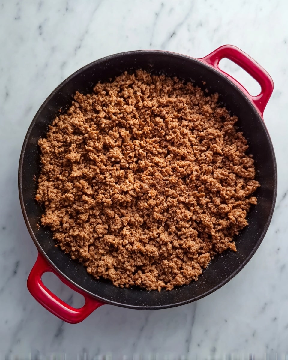 A large round black cast iron pan with two red handles sits on a white marbled surface. Inside the pan, there is one layer of cooked ground meat spread evenly across the bottom. The cooked meat is brown with slightly darker edges and has a crumbly texture. The pan and the cooked meat fill the frame of the image, showing a close view from above. photo taken with an iphone --ar 4:5 --v 7