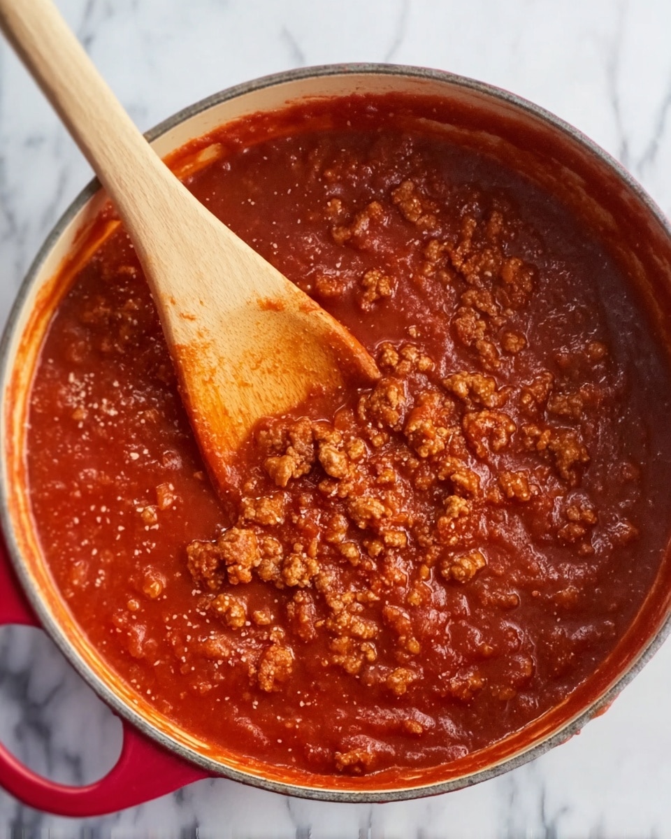A close-up view of a red pot filled with thick red tomato sauce mixed with small pieces of cooked ground meat, showing a rich, slightly chunky texture. A wooden spoon is resting inside the pot, partly covered in the sauce, with its handle extending toward the upper left corner. The pot is placed on a white marbled surface, making the vibrant red sauce stand out. photo taken with an iphone --ar 4:5 --v 7