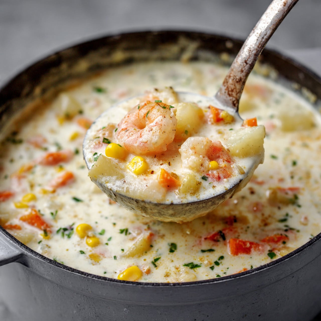 A ladle full of creamy white soup is lifted above a pot showing its thick texture. The soup has visible layers of small shrimp, yellow corn kernels, diced orange carrots, and small white potato pieces. There are also tiny green herb bits sprinkled throughout. The background and surface show a white marbled texture. The soup looks smooth and rich with the ingredients evenly spread in the creamy liquid. Photo taken with an iphone --ar 4:5 --v 7