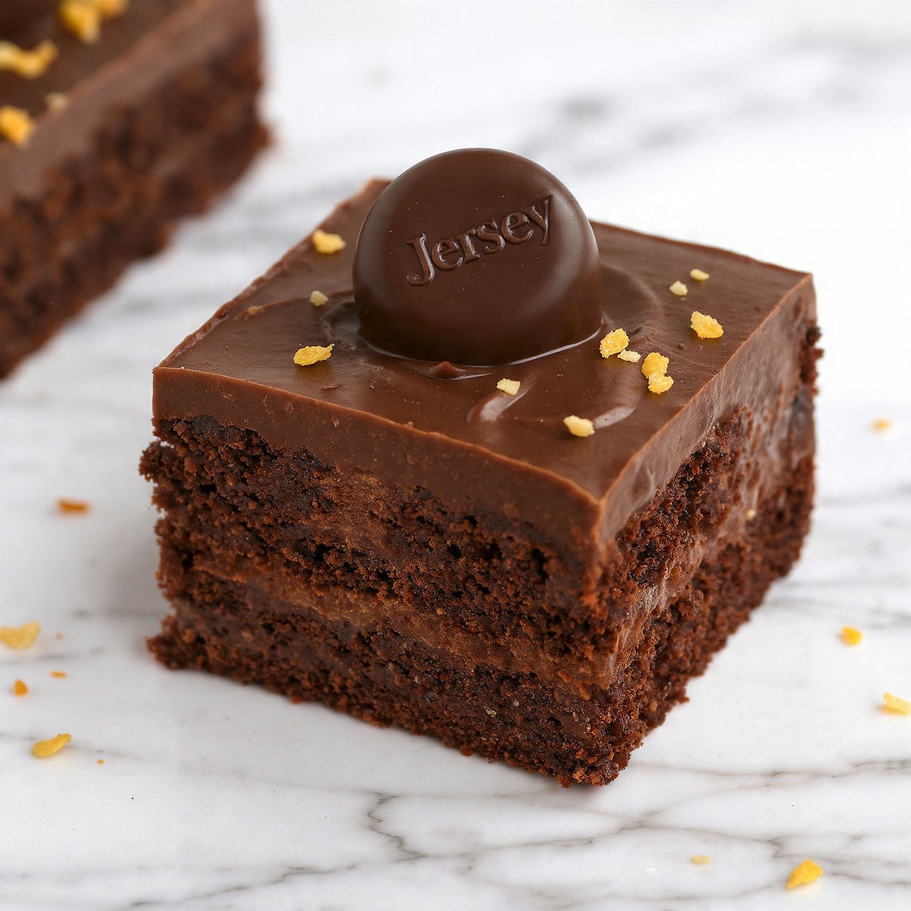 A single square piece of rich chocolate cake with a thick layer of smooth chocolate frosting on top is shown. The cake is dark brown and soft with a moist texture. On top of the frosting lies a half round chocolate piece with the word