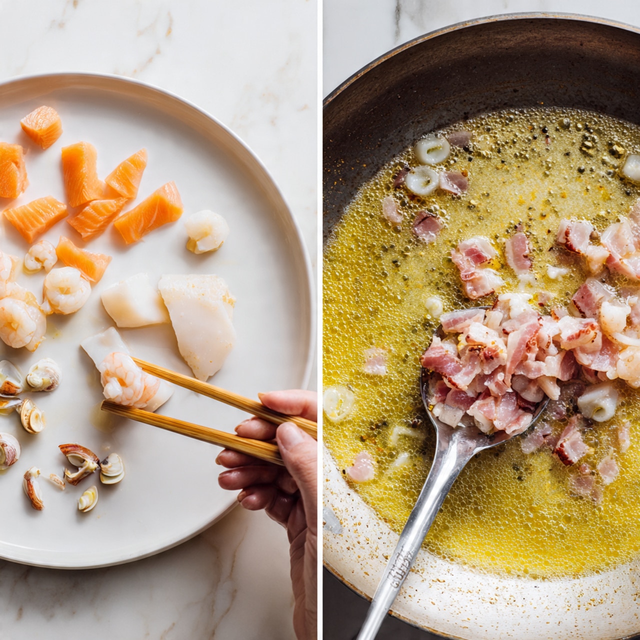The image shows two parts of seafood cooking. On the left, there is a white plate on a white marbled surface with small pieces of raw seafood like orange salmon cubes, white squid rings, small shrimp, and tiny scallops scattered on it. A woman's hand is holding a pair of wooden chopsticks picking up a squid ring. On the right, there is a close-up of a large pan with hot, bubbling butter mixed with small pieces of cooked pink bacon being scooped by a shiny silver spoon. The edges of the pan are dark, and the butter has tiny bubbles and browned bits floating in it. photo taken with an iphone --ar 4:5 --v 7