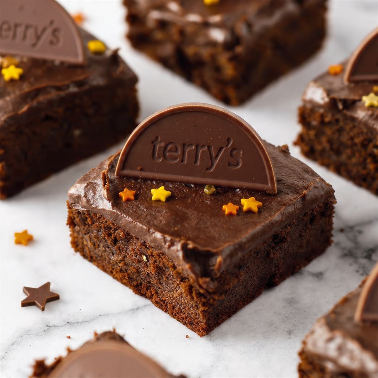 The image shows several square chocolate brownies arranged on a white marbled surface. Each brownie has a thick, smooth layer of dark chocolate frosting on top. On top of the frosting, there is a semi-circular piece of chocolate with the word