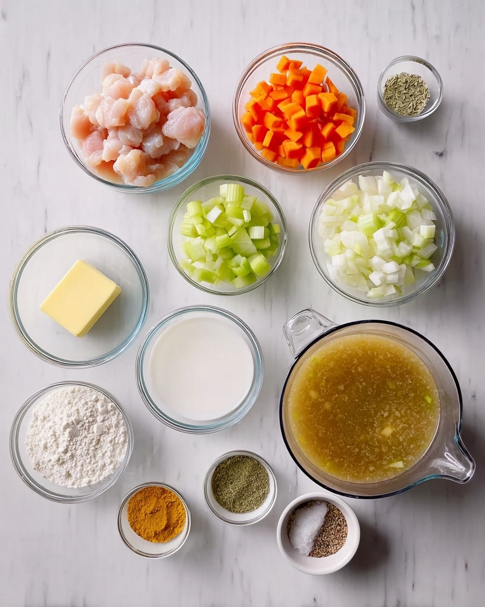 The image shows several small clear glass bowls arranged neatly on a white marbled surface. There are eleven bowls, each containing different ingredients. Starting from the left, there is a bowl with raw diced light pink chicken, a small bowl with a yellow stick of butter, a small bowl with diced bright orange carrots, a bowl with diced pale green celery, and a large measuring cup filled with brownish chicken broth. Next, there is a small bowl with chopped white onions, a large measuring cup with white cream, a small bowl with white flour, and three smaller bowls containing yellow curry powder, green dried herbs, and ground black pepper. Finally, there is a bowl with diced light green apples. The arrangement is clean and the ingredients are well separated. Photo taken with an iphone --ar 4:5 --v 7