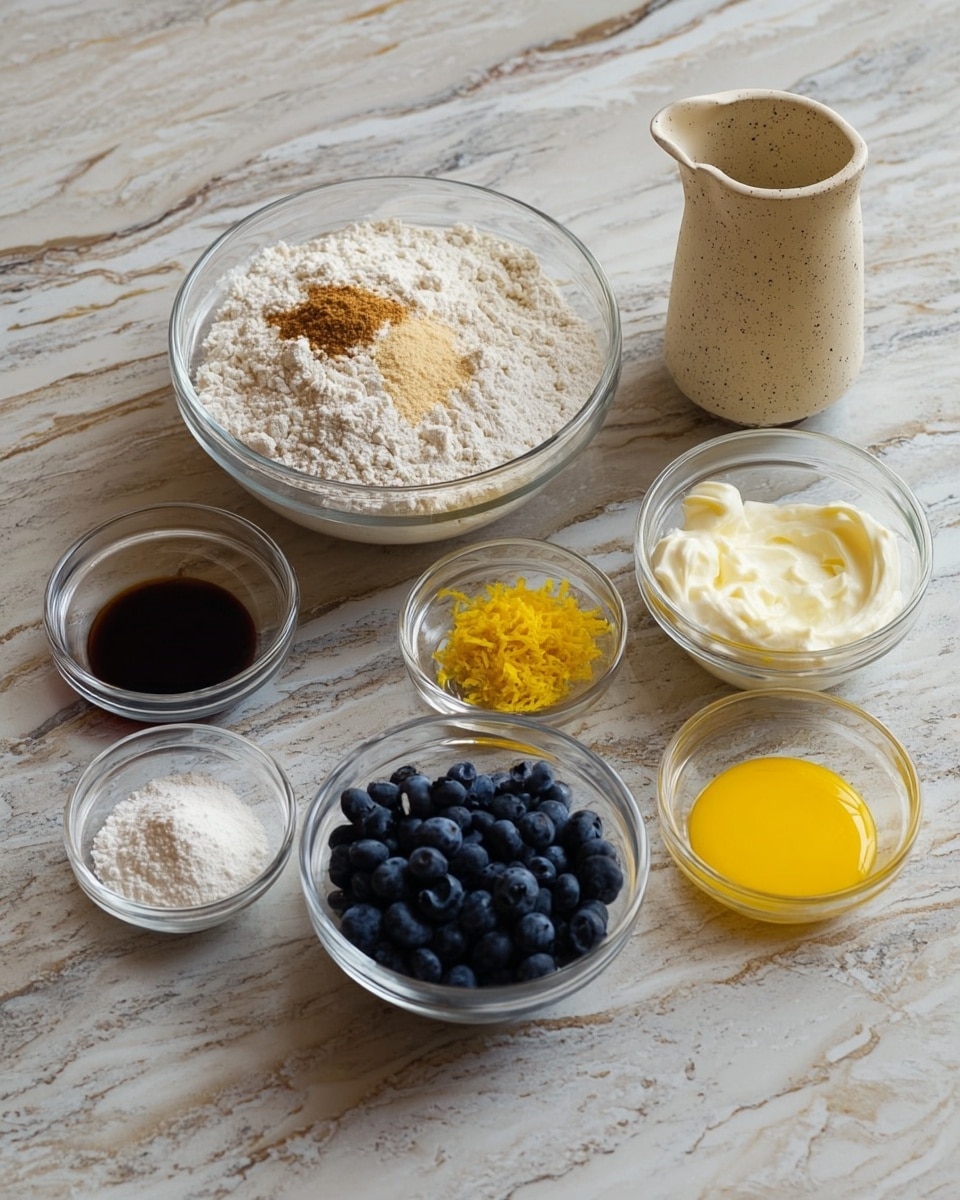 A clear glass bowl in the center holds three layers: white flour at the bottom, light brown sugar on top, and a few crumbs at the edges. To the right, a small clear bowl contains white yogurt with yellow lemon curd mixed on one side. Below that is a small clear bowl filled with fresh dark blue blueberries. Next to this, a tiny clear bowl has bright yellow lemon zest. Toward the left is a small clear bowl filled with dark vanilla extract, and near the bottom left is another small clear bowl with white baking powder. At the right edge, a beige speckled ceramic pitcher holds a light-colored liquid. All these bowls sit on a white marbled countertop. Photo taken with an iphone --ar 4:5 --v 7