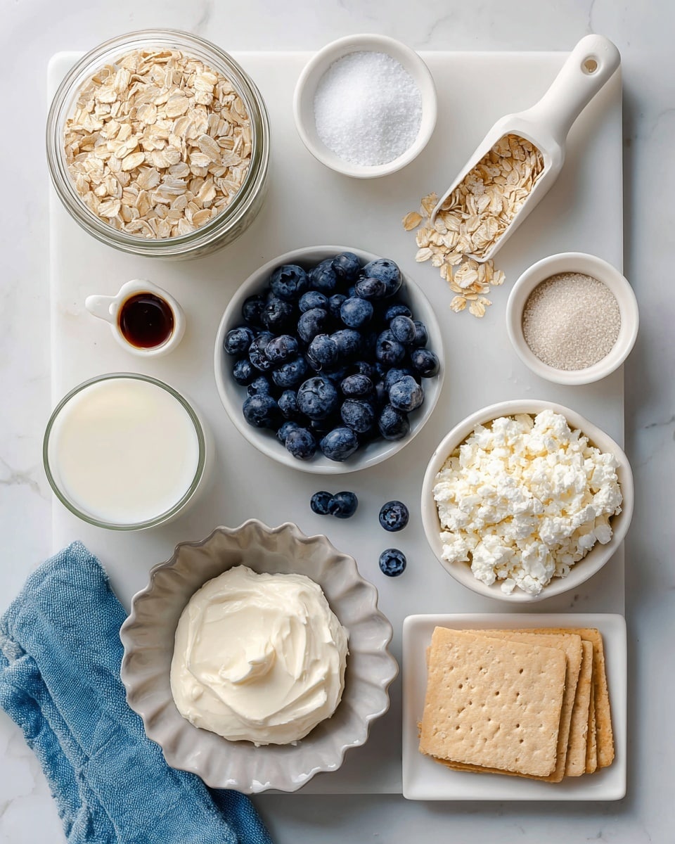 The image shows a white marbled surface with various ingredients arranged neatly. At the top left, there is a clear glass jar filled with light beige rolled oats. Below it, a white scoop holds more rolled oats, some spilling out. To the right of the jar, a small white bowl contains white salt. Near the center, a small white round container holds dark brown vanilla extract. Below the vanilla, a light gray bowl with scalloped edges is filled with fresh, dark blue blueberries, with a few scattered around it. To the right of the blueberries, a white textured bowl contains white cottage cheese. On the lower right side, a white divided dish has a dollop of creamy white cream cheese beside three light brown rectangular crackers. At the bottom left, a clear glass holds milk with a small blue cloth underneath it. Next to the milk glass, a white bowl with a dark blue rim contains a pile of off-white protein powder. Each ingredient is clearly labeled with white text boxes. photo taken with an iphone --ar 4:5 --v 7
