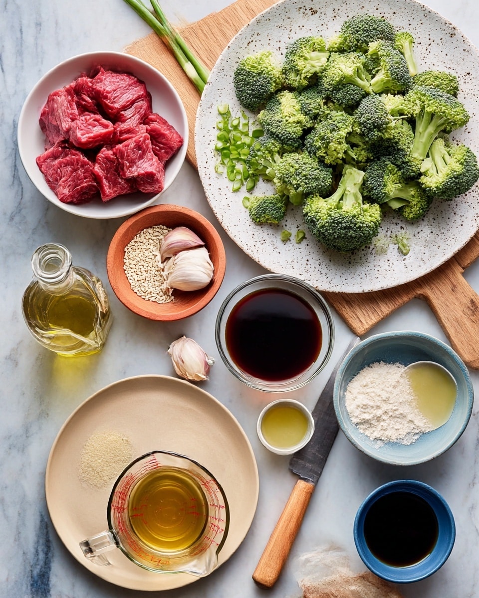 The image shows ingredients arranged on a white marbled surface. On the top right is a large white speckled plate filled with fresh green broccoli florets. Below it, a wooden cutting board holds chopped green onions scattered beside garlic cloves and a partly peeled garlic bulb on an orange plate. To the left, a white bowl holds bright red, cut pieces of raw beef. Nearby, a small wooden bowl is filled with white sesame seeds, next to a clear glass bottle of light yellow oil. A beige plate below carries a glass measuring cup filled with dark brown liquid, a small bowl with pale yellow powder, a small cup of light yellow liquid, and a blue bowl with thick dark brown sauce. At the bottom right is a small light brown bowl with white flour and a tiny cup filled with golden oil. A knife with a bamboo handle rests on the cutting board. Photo taken with an iphone --ar 4:5 --v 7