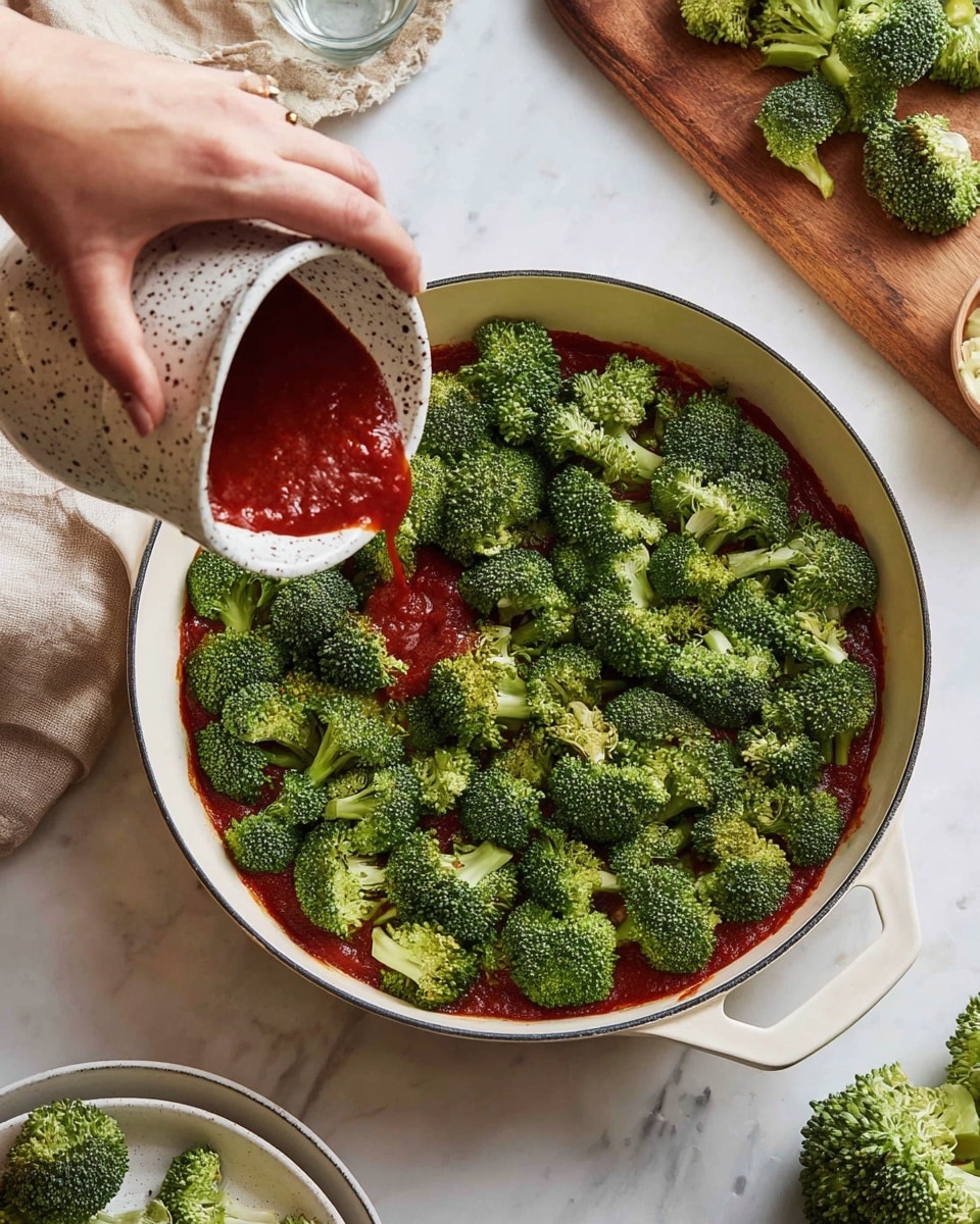 A white pan filled with a layer of red sauce at the bottom, topped with a thick layer of fresh green broccoli florets scattered evenly across the surface. A woman's hand is pouring more red sauce from a white speckled pitcher into the pan. The scene is set on a white marbled texture surface with some broccoli pieces on a white plate nearby and a wooden cutting board with broccoli pieces in the upper right corner. Photo taken with an iphone --ar 4:5 --v 7