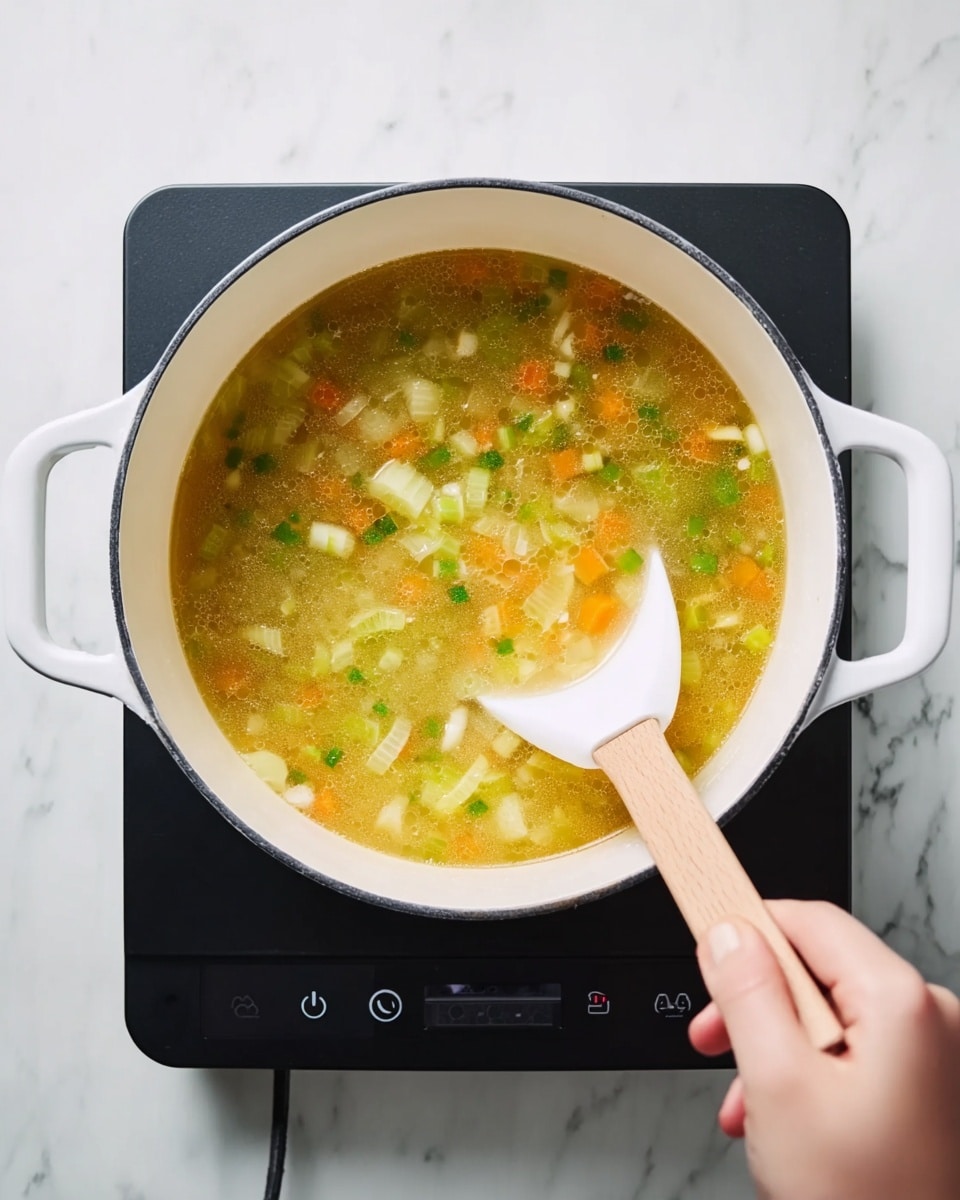 A white pot filled with a yellowish broth containing small pieces of green and light yellow vegetables, along with some bits of orange and light brown ingredients floating inside. A woman’s hand is holding a white spatula with a light wooden handle, stirring the contents of the pot. The pot is placed on a modern black induction stove on a white marbled surface. The scene is brightly lit and clear. photo taken with an iphone --ar 4:5 --v 7