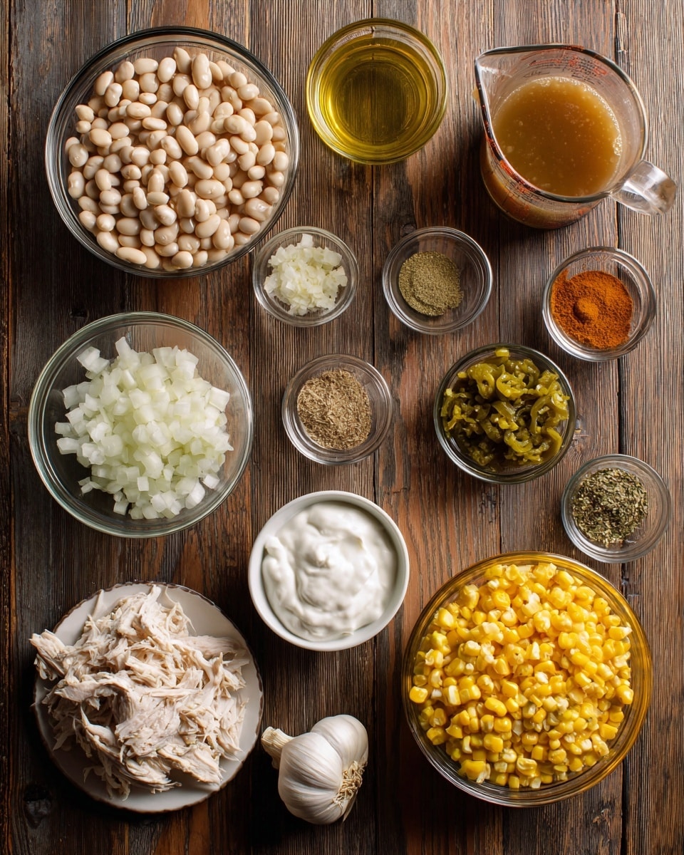 The image shows several clear glass bowls and white bowls on a wooden surface, each holding different ingredients. Starting from the top left is a clear glass bowl filled with light beige cannellini beans. To the right is a clear glass measuring cup with a brownish broth inside. Below the beans is a small round clear glass bowl holding chopped white onion pieces. To the right of the onion is another small clear glass bowl with white cream cheese. Below the onion is a smaller clear glass jar with chopped green chilies. To the right of that is a large clear glass bowl full of bright yellow corn kernels. Below the corn, there is a single peeled garlic clove resting directly on the wooden surface. At the bottom left is a white bowl with shredded pale pulled chicken. Above the chicken is a small dark plate that has six small piles of various dry spices: sage, cumin, paprika, salt, and oregano. Near the center, just above the chicken, is a little glass bowl filled with golden olive oil. Near the olive oil bowl is a small glass cup of thick white Greek yogurt. The background is a dark wooden table, but this should be imagined as a white marbled texture. The photo taken with an iphone --ar 4:5 --v 7