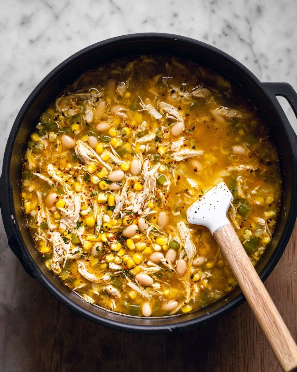 A large black pot filled with a thick soup containing shredded white meat, yellow corn kernels, light beige beans, and small pieces of green vegetables all mixed in a golden broth with visible black spices. A white spatula with a wooden handle rests inside the pot on the right side. The pot is placed on a white marbled surface. photo taken with an iphone --ar 4:5 --v 7