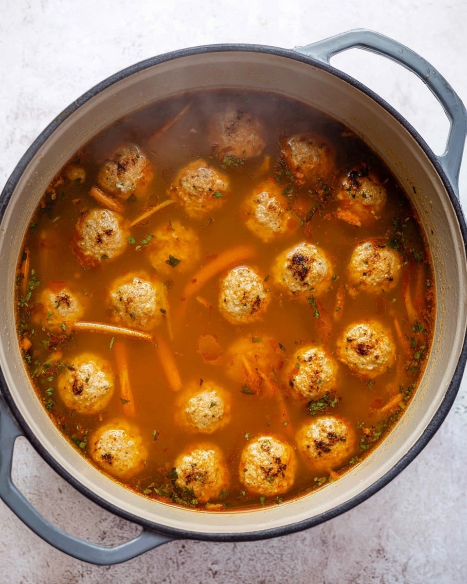 A large grey pot filled with orange-brown broth showing visible thin strands of vegetables and herbs, floating with many small round meatballs that have a light brown, slightly crispy outer texture spread all over the surface, steam rising gently from the hot soup, all placed on a white marbled textured surface. photo taken with an iphone --ar 4:5 --v 7