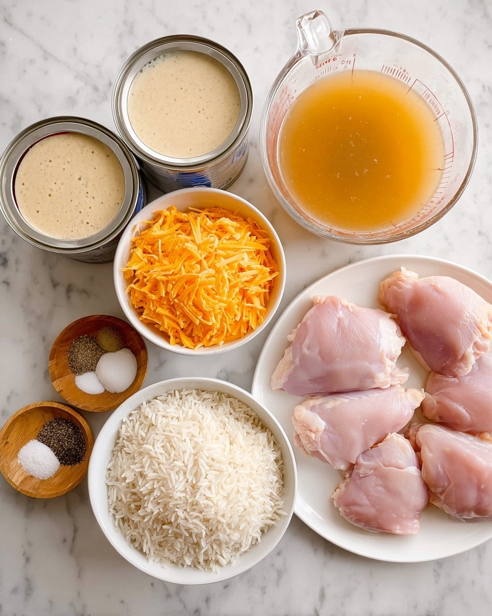The image shows several cooking ingredients arranged neatly on a white marbled surface. There is a white plate on the right side holding six raw pink chicken thighs with smooth texture. Above this plate, there is a clear measuring cup filled with light orange broth. In the center, a white bowl is filled with uncooked white rice showing a dry, grainy texture. Next to the rice bowl, on the left, is another white bowl filled with shredded orange cheddar cheese, showing thin, stringy layers. Above the cheese, there are two open cans, one with creamy beige condensed soup and the other with a white, creamy sauce visible inside. At the bottom left, there is a small wooden bowl containing four types of spices in separate piles: black pepper, salt, onion powder, and garlic powder. The photo is taken with an iphone --ar 4:5 --v 7