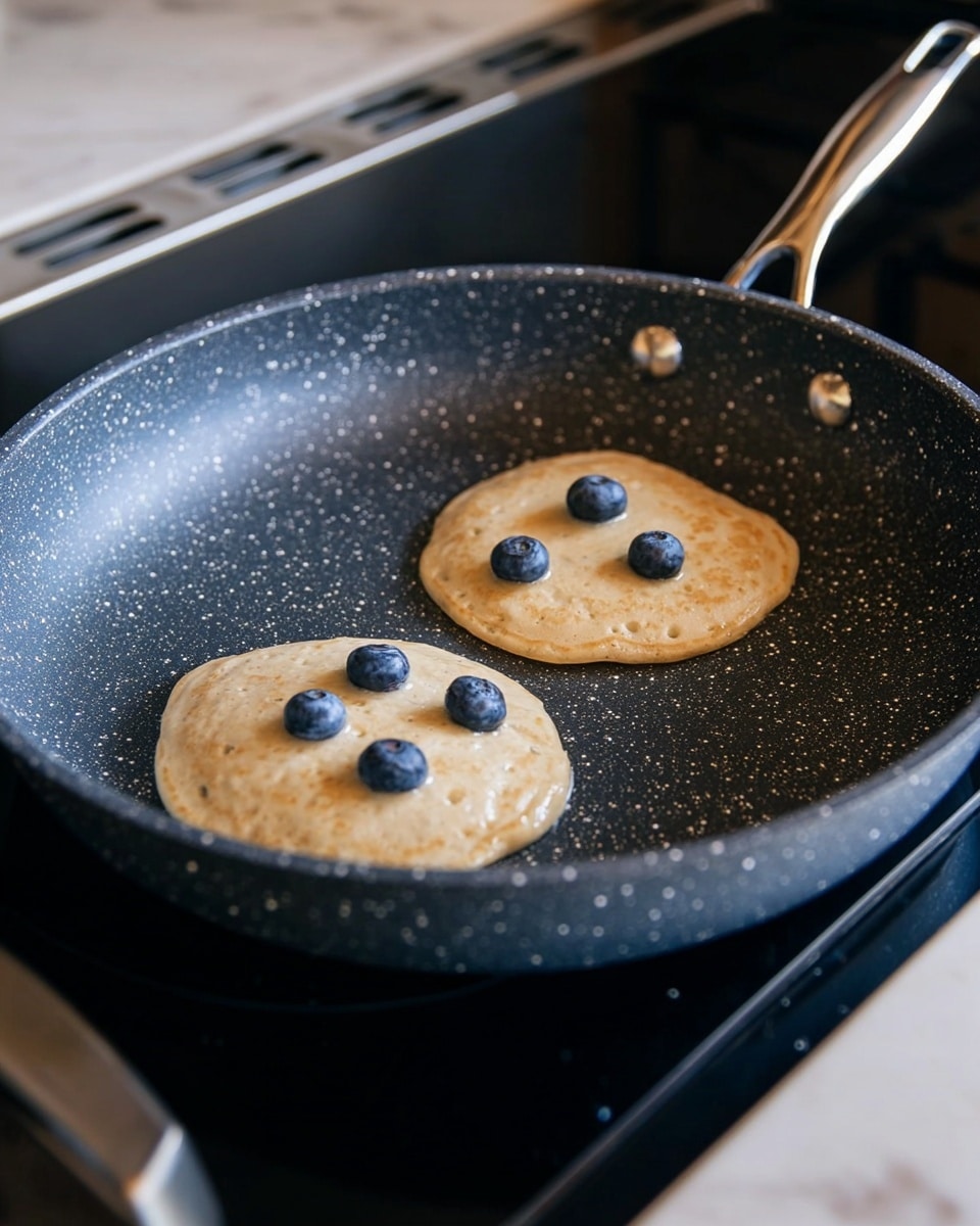 Two pancake batter circles with a light beige color and soft, bubbly texture cook in a large dark gray speckled frying pan, each topped with five fresh, plump blueberries spread on the surface. The handle of the pan extends out towards the top right. The pan sits on a black stovetop with the edge of a white marbled counter visible. The lighting softly highlights the smooth batter and round blueberries, showing slight moisture droplets inside the pan photo taken with an iphone --ar 4:5 --v 7