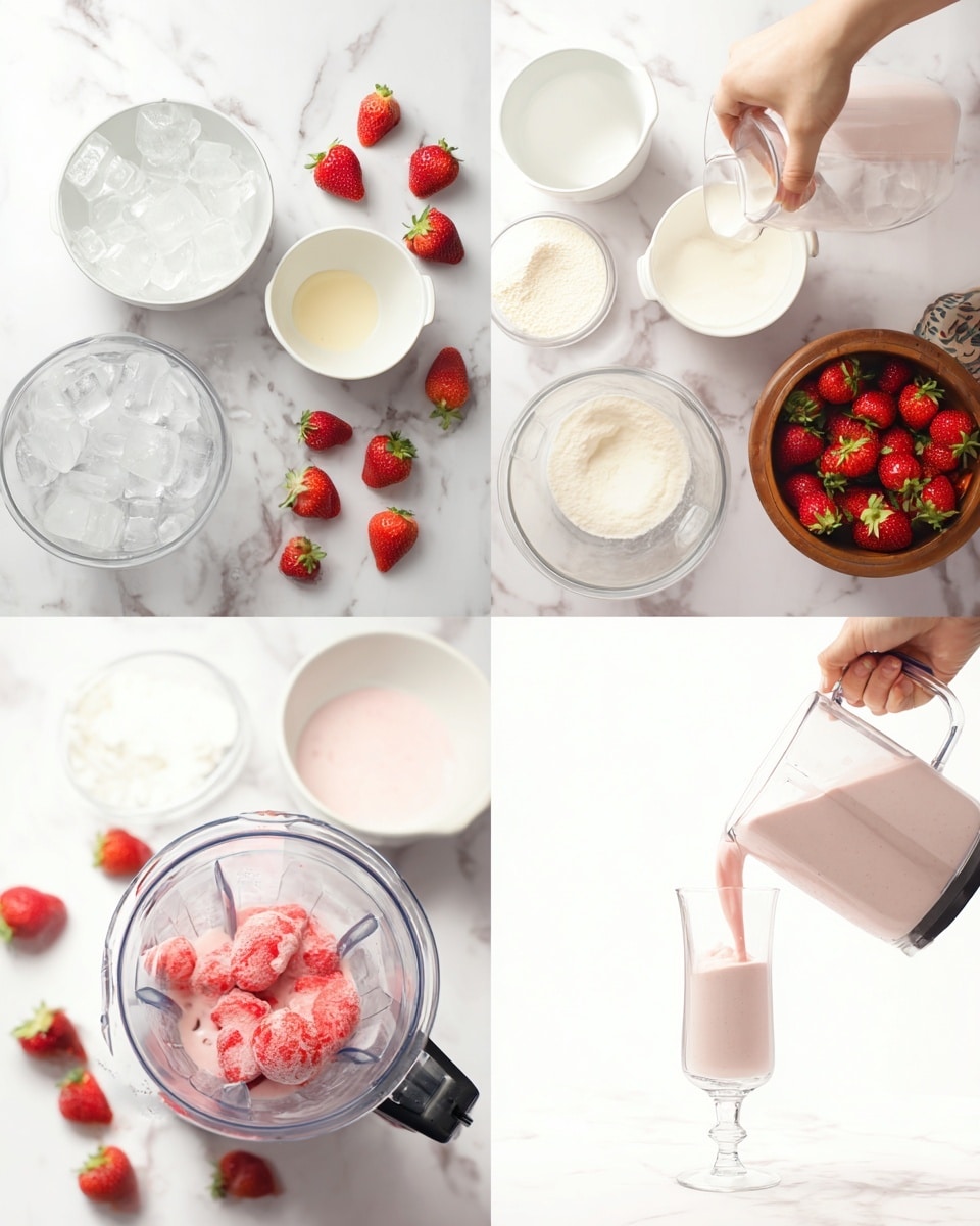 The image shows the preparation of a strawberry smoothie in four parts on a white marbled surface. The first part displays multiple ingredients arranged neatly: a white bowl filled with clear ice cubes, a white bowl with frozen strawberries, a white bowl with a white powder, a white bowl with a creamy liquid, a small cup with light pink liquid, and fresh strawberries scattered around. The second part features a woman's hand pouring a light cream liquid from a white small bowl into a clear blender container. The third part shows the same woman's hand adding red frozen strawberries into the blender already containing creamy and white ingredients. The fourth part captures a creamy light pink strawberry smoothie being poured from the blender into a tall clear glass with a stem, surrounded by fresh strawberries and a wooden bowl full of strawberries in the background, all on a white marbled surface. photo taken with an iphone --ar 4:5 --v 7