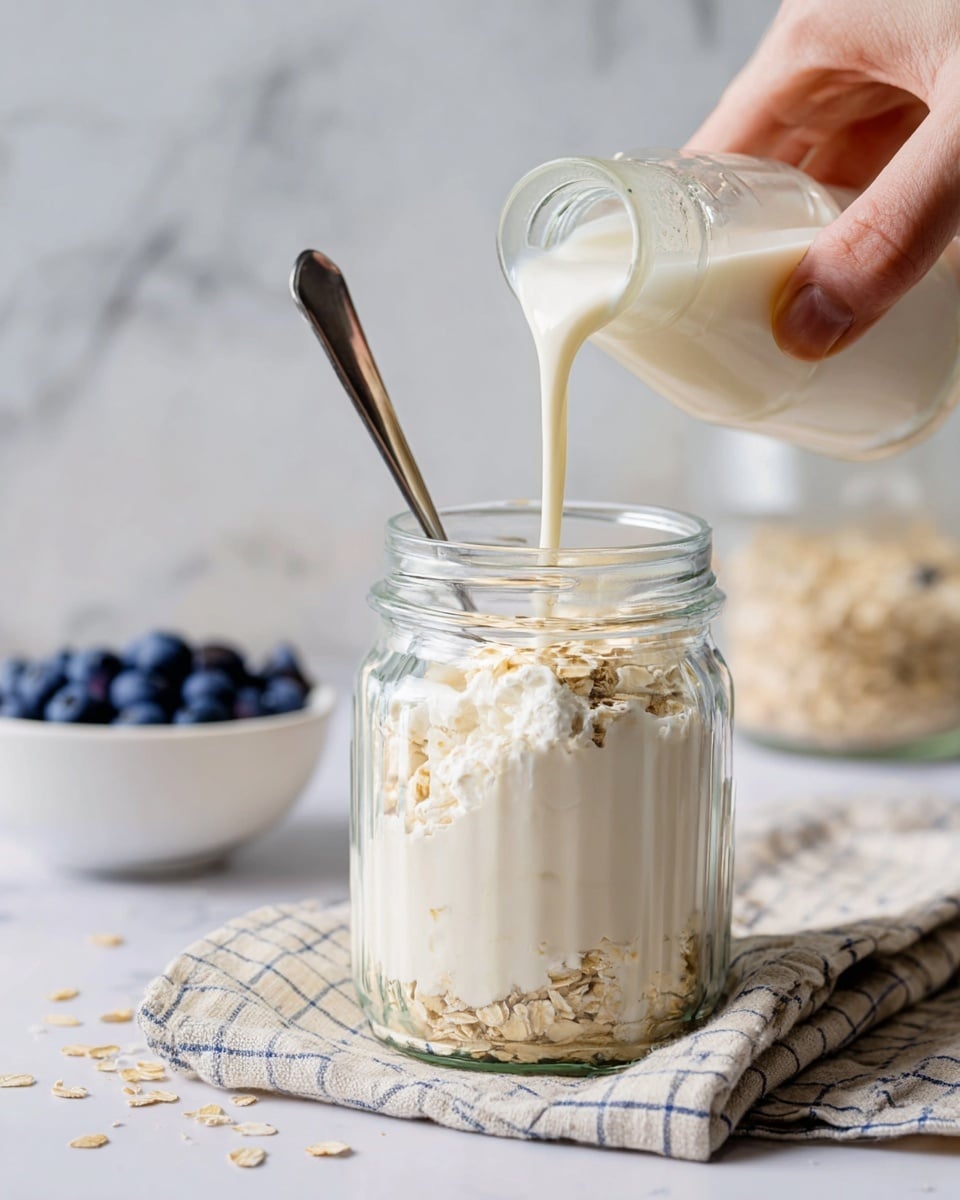 A clear glass jar filled with three visible layers sits on a folded checkered cloth on a white marbled surface. The bottom layer is light tan oat flakes, the middle layer is white soft cottage cheese, and the top layer appears to be creamy white milk being poured from a small glass bottle held by a woman's hand, creating a smooth flowing texture as it mixes with the cottage cheese. A metal spoon sticks out from the jar’s top. In the background, there is a small white bowl with fresh blueberries and blurred oat flakes in a glass container. photo taken with an iphone --ar 4:5 --v 7