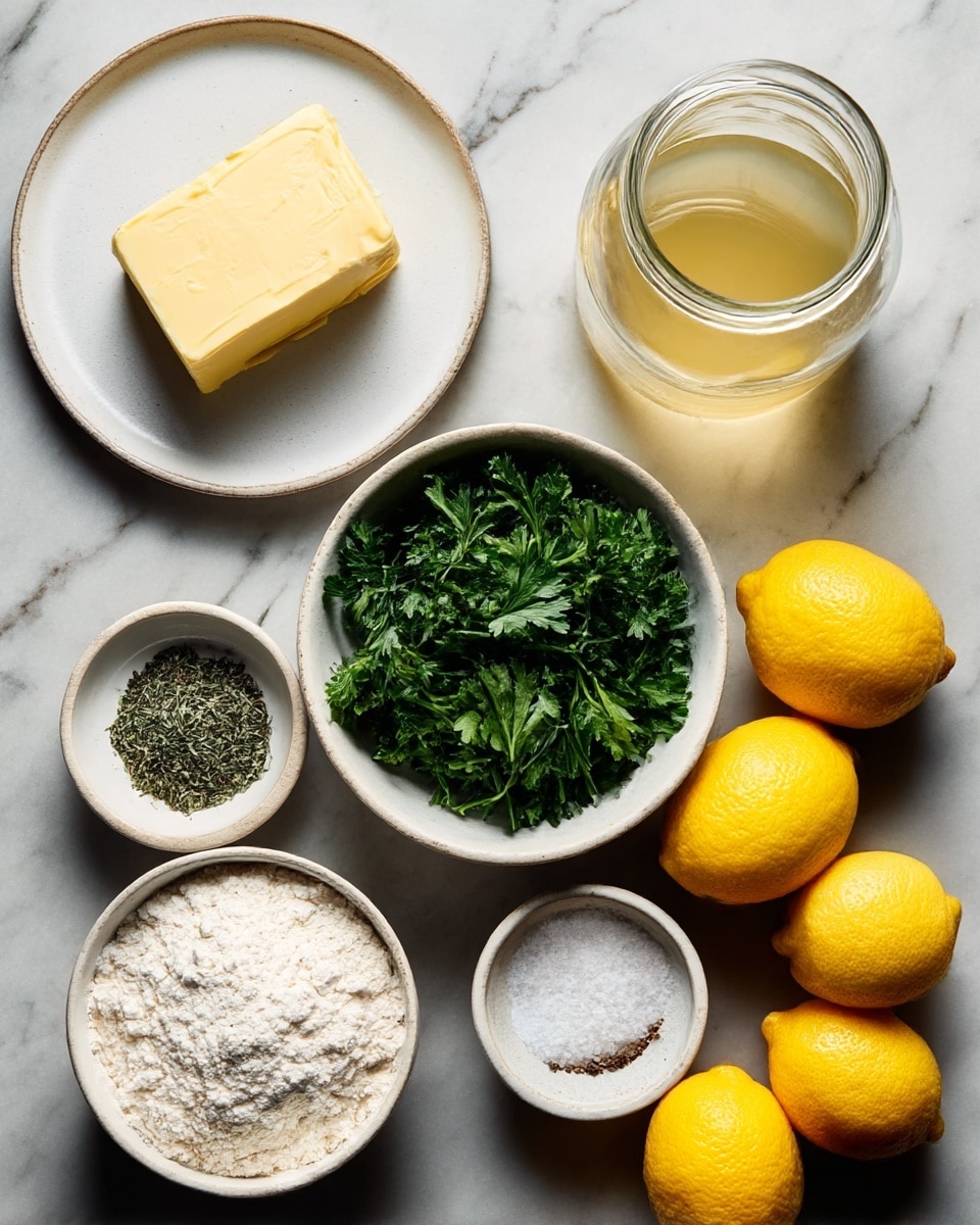 The image shows a flat lay of cooking ingredients on a white marbled surface. There is a small round white plate with a solid pale yellow block of butter in the top left. To the right, a clear glass jar filled with light golden liquid sits above a round white bowl full of fresh green parsley leaves. Below the jar, a smaller round white bowl contains a small pile of dried green herbs. On the bottom left, a deeper white bowl is filled with white flour with a slight mound shape. Next to it are two small round white bowls, one with coarse white salt and the other with cracked black pepper. On the right side of the image, three bright yellow lemons are grouped together. The photo taken with an iphone --ar 4:5 --v 7