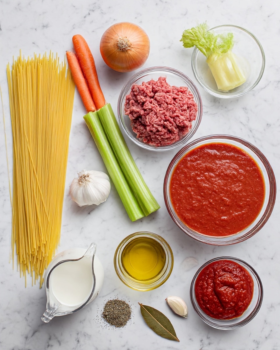 The image shows uncooked ingredients neatly arranged on a white marbled surface, featuring a layer of long, thin yellow spaghetti on the left. Next to it are two whole orange carrots and three green celery stalks lying parallel. Above the vegetables is a yellow onion, near a small glass bowl of raw ground meat to the right. Below the onion is a large bowl filled with rich red tomato sauce, and above it a smaller bowl holding thick red tomato paste. To the right of the meats and sauces are a small glass container of golden olive oil and a single brown bay leaf. Two peeled garlic cloves sit near the carrots, alongside two small bowls with mixed dried herbs, salt, pepper, and other spices. A little glass jug is filled with creamy white milk. The setup is clean and organized, all on the white marbled background photo taken with an iphone --ar 4:5 --v 7