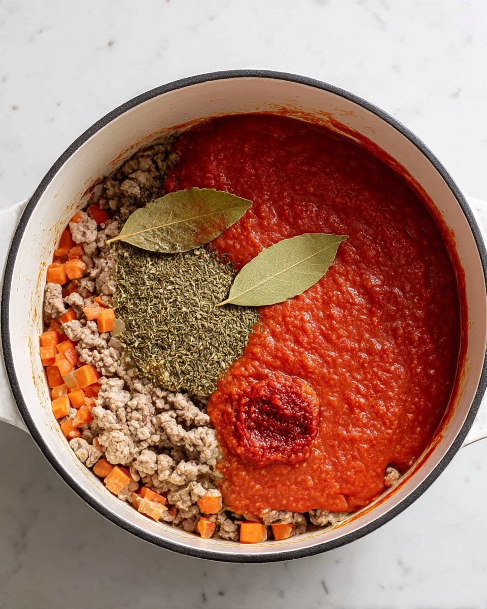 Inside a white pot with a black rim, there are three main layers visible. The bottom layer is a mix of small diced orange carrots and light brown cooked ground meat, evenly spread across the pot’s base. On top of this is a layer of green dried herbs and a single large dried bay leaf placed slightly to the left center. The top layer covering most of the pot is a thick, bright red tomato sauce with a slightly chunky texture, and a small dollop of a deeper red tomato paste near the bottom center. The pot sits on a white marbled surface. photo taken with an iphone --ar 4:5 --v 7
