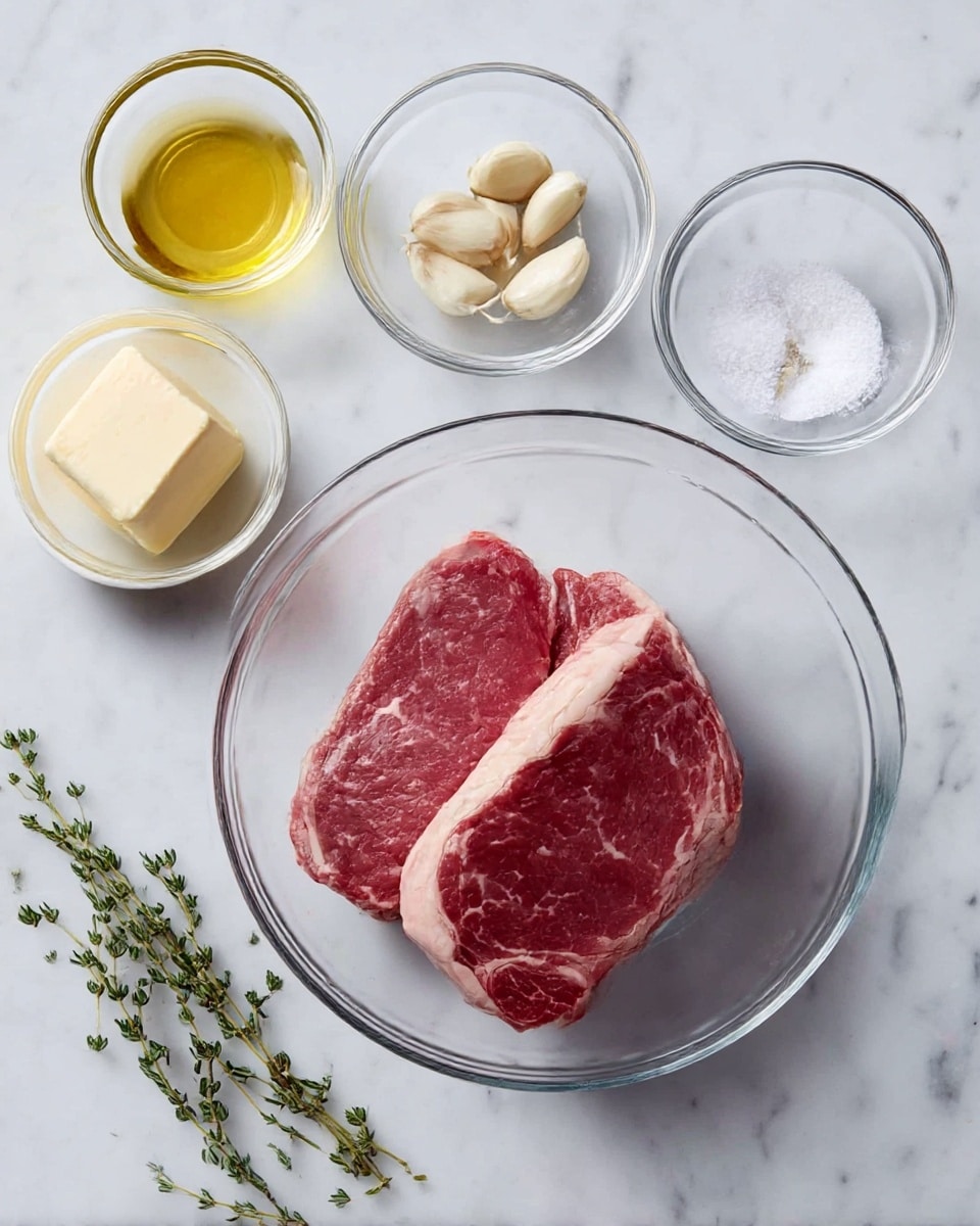 Two raw red steaks with white fat edges sit inside a clear glass bowl at the center on a white marbled surface. Around the bowl are five smaller clear glass bowls: one holds light yellow oil, another contains three peeled garlic cloves, a third has a mix of black pepper and white salt, and a fourth one is empty. A small white bowl holds a pale yellow cube of butter. Fresh green thyme sprigs lay next to the oil bowl. The scene is bright and simple, showing fresh ingredients neatly arranged. photo taken with an iphone --ar 4:5 --v 7
