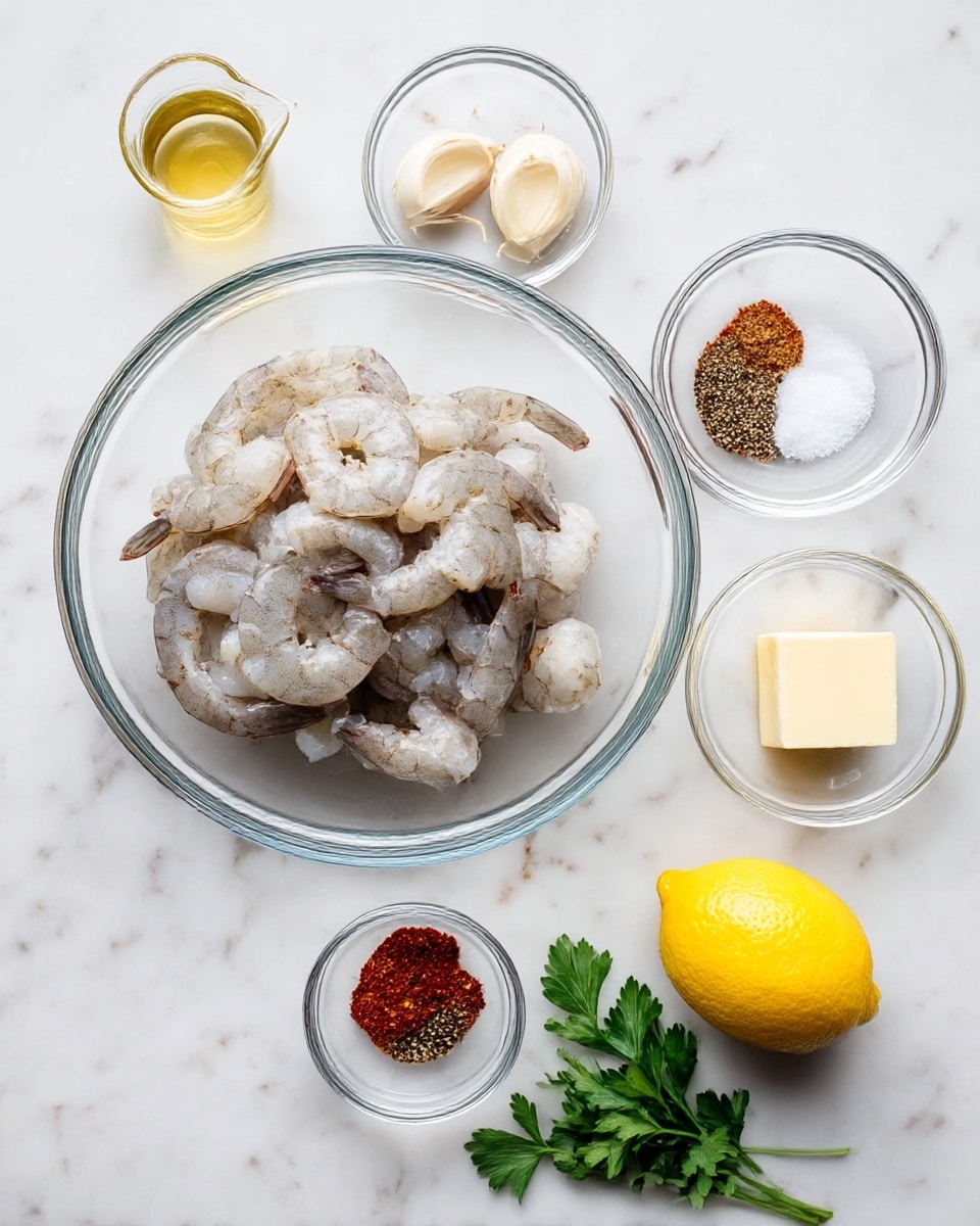 The image shows ingredients arranged on a white marbled surface with clear glass bowls. In the largest bowl, there are peeled, raw shrimp with a grayish-white color and some darker veins, piled loosely. Surrounding it are smaller bowls containing three peeled garlic cloves, a mix of red and black spices with salt, and a small square of butter. To the right, there is a whole yellow lemon and a small bunch of fresh green parsley. On the left side, a small glass container holds a light golden liquid, likely oil. The ingredients are neatly organized, centered around the shrimp bowl. photo taken with an iphone --ar 4:5 --v 7