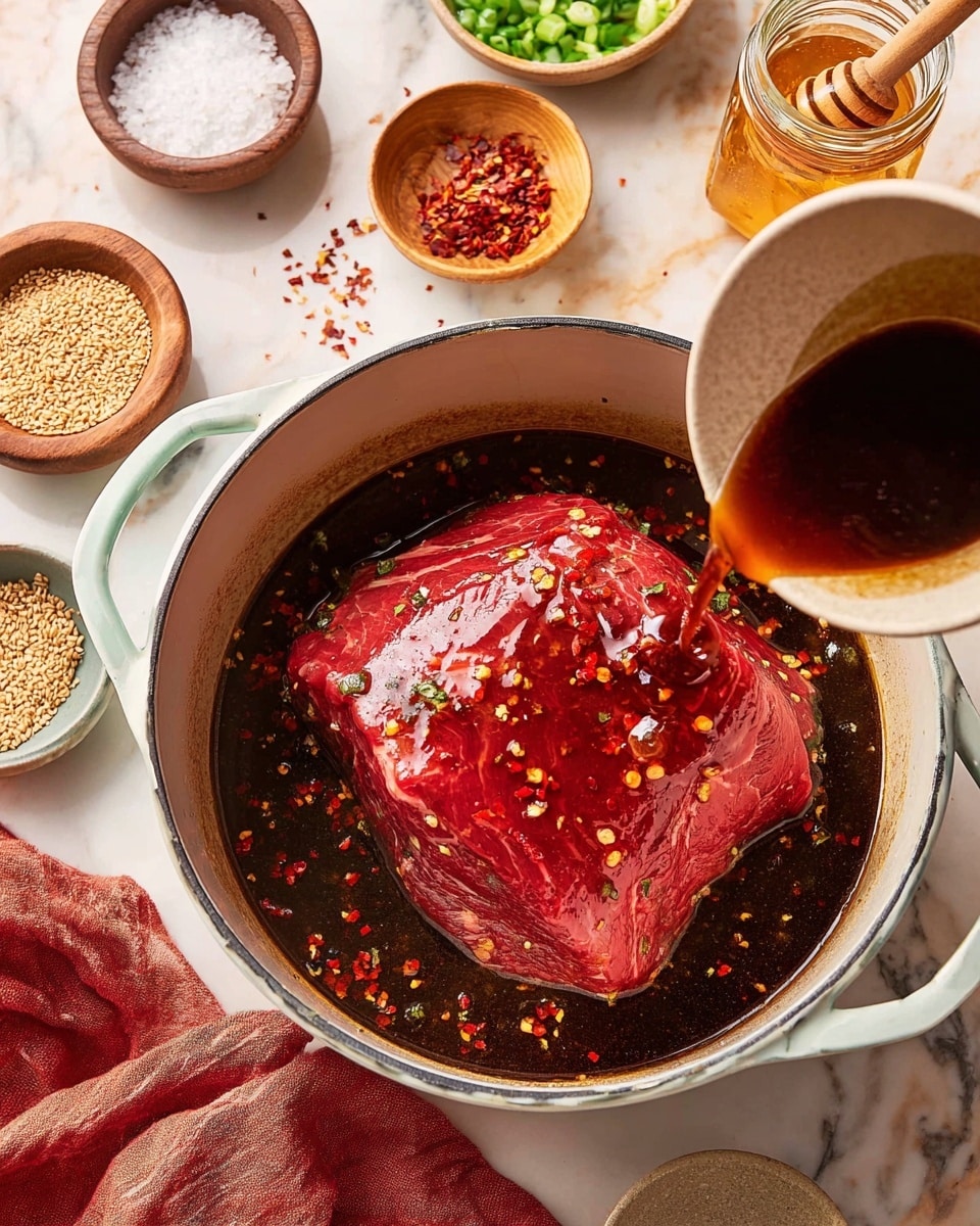 A large piece of bright red raw meat sits in the middle of a white pot filled with a dark brown liquid marinade with red chili flakes floating in it. A light beige bowl is pouring more of the dark liquid over the meat, creating a shiny, wet surface on the meat. Around the pot, there are small wooden bowls with salt and chopped green onions, a clear jar of golden honey with a wooden dipper, a beige bowl with red chili flakes, and a small wooden bowl with sesame seeds on a white marbled texture. A soft reddish cloth partially shows at the bottom left. Photo taken with an iphone --ar 4:5 --v 7