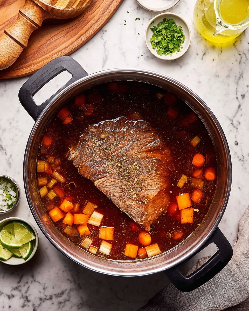 A large silver pot filled with dark reddish-brown broth sits centered on a white marbled surface. Inside the pot, at the bottom, is a thick brown piece of cooked meat with light grill marks and pepper seasoning on top. Around the meat, floating near the surface, are small diced orange carrots and translucent white onion pieces. The pot has black handles, and nearby on the white marbled surface, there is a wooden juicer with a halved lime on a small white plate, a bottle with yellow liquid, and two small bowls with chopped green herbs and more onion pieces. photo taken with an iphone --ar 4:5 --v 7