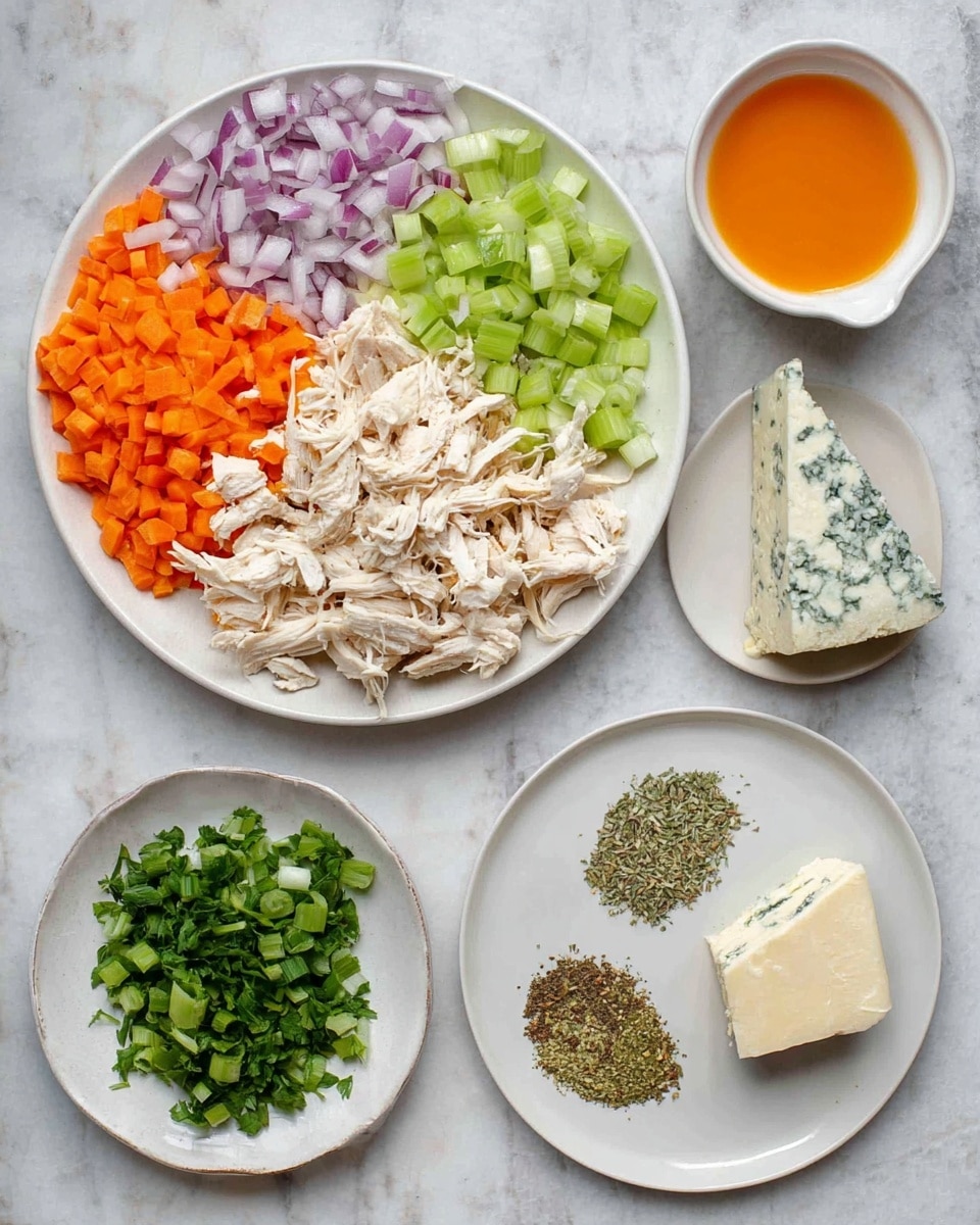 A white plate holds four sections of finely chopped ingredients: red onions in the top left, green celery in the top right, bright orange carrots at the bottom left, and light green celery pieces at the bottom right. Another white plate features shredded white chicken pieces. A small white bowl contains a bright orange liquid. A small white plate has a mix of chopped fresh green herbs, with cilantro on the left and green onions on the right. A smaller white plate displays several dried green and beige spices arranged in small piles. A block of blue cheese rests on the white marbled surface next to the plates. All items are arranged on a white marbled texture background. photo taken with an iphone --ar 4:5 --v 7