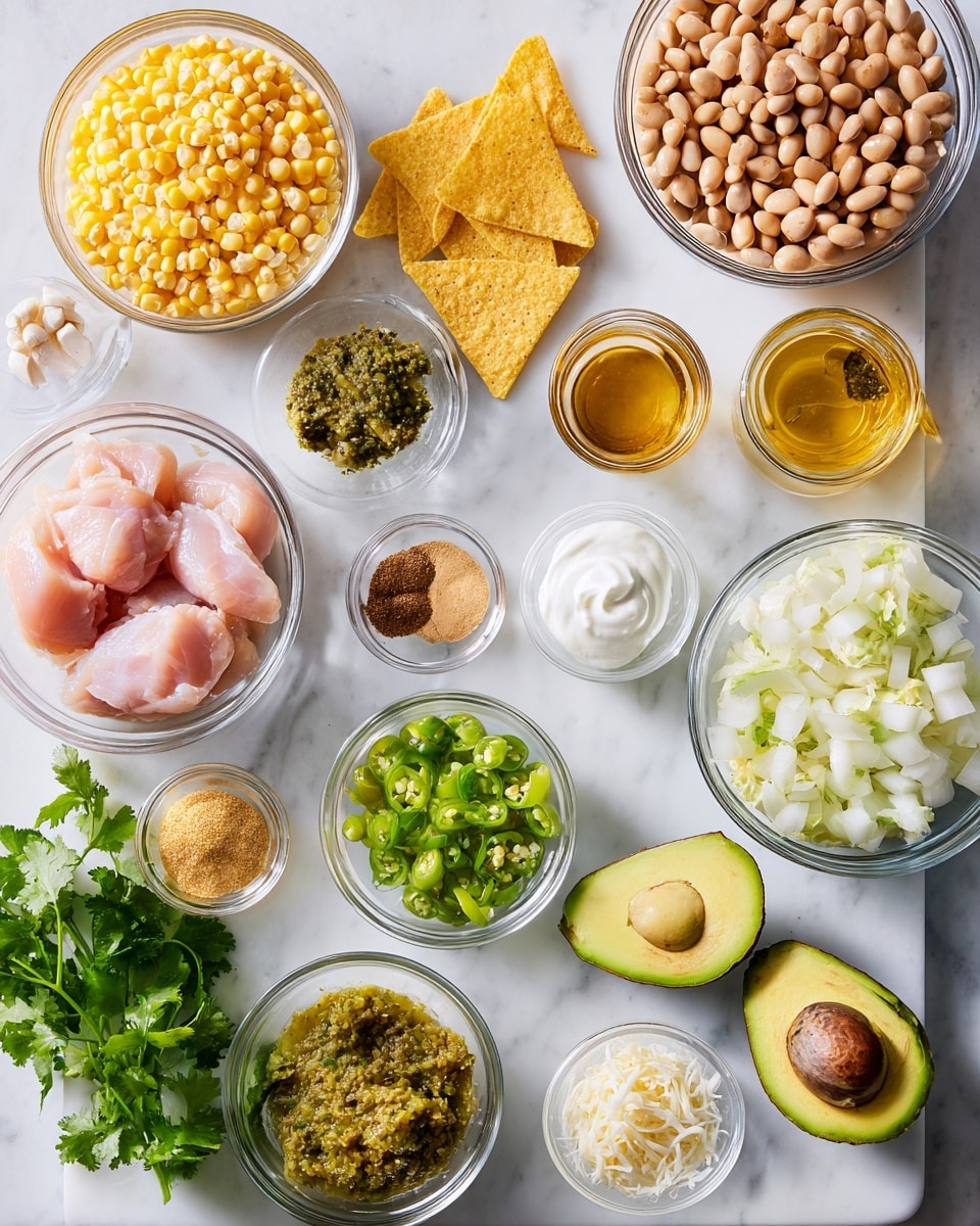 The image shows many clear glass bowls with different ingredients placed on a white marbled surface. From top left, there are yellow corn kernels in a bowl, then three triangular yellow tortilla chips next to it. To the right, a large bowl is filled with light brown beans, next to a bowl with white diced onions. On the lower side, a bowl holds raw pink chicken pieces, near a small bowl full of white creamy sauce. Moving left, there is a bowl with chopped green peppers, and below it, a bowl with green chili relish. Fresh green cilantro leaves are placed near a small bowl of shredded white cheese. Nearby, there is a halved avocado showing its green flesh and brown seed. Also present are small bowls with minced garlic, white salt, a brown powdered spice, and a green herb mix. Finally, a small glass container holds a golden liquid, and another small bowl contains a clear liquid. The scene is bright and well arranged, showing fresh and colorful ingredients clearly. photo taken with an iphone --ar 4:5 --v 7