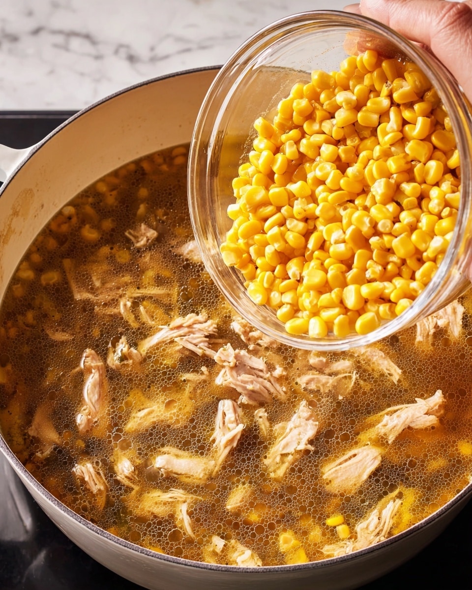 A large white pot filled with a brown broth containing pulled chicken pieces is shown. A woman's hand is holding a clear glass bowl filled with bright yellow corn kernels, pouring them into the broth. The pot is sitting on a black stovetop, and the background is a white marbled texture. The broth has a slightly frothy surface with floating seasonings, and the chicken pieces are scattered evenly within the liquid. Photo taken with an iphone --ar 4:5 --v 7