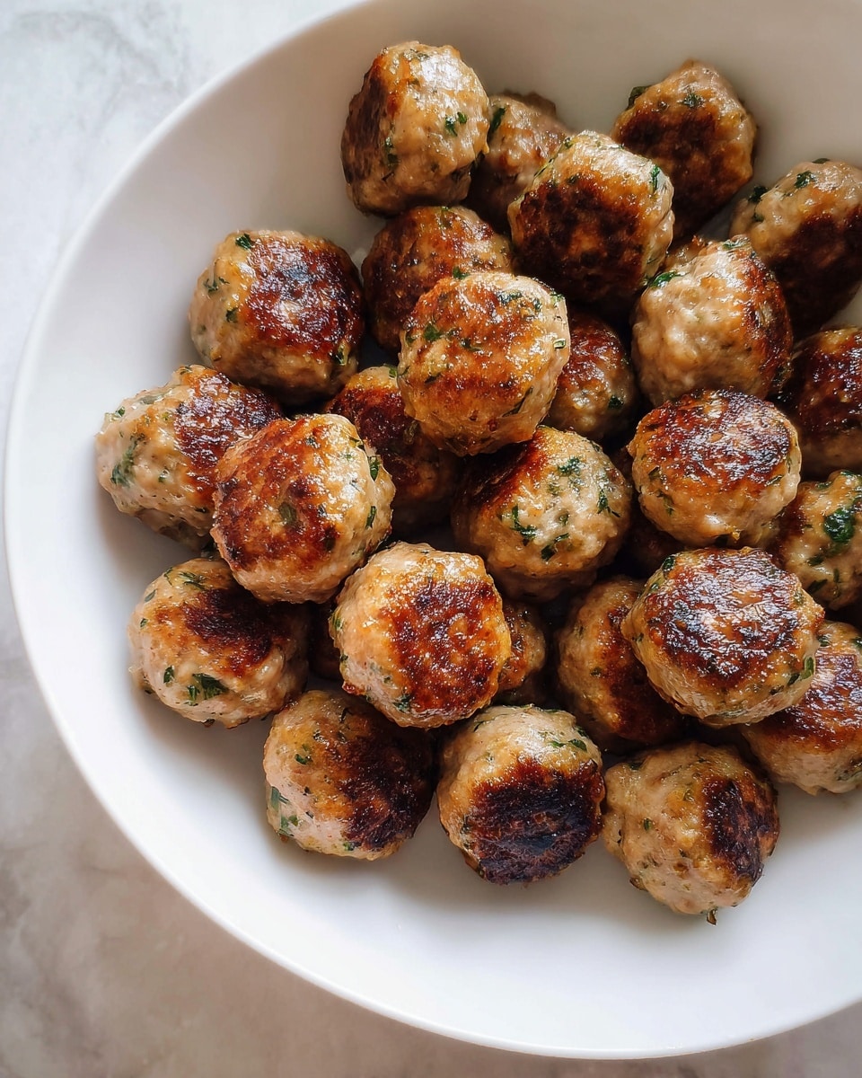 A white bowl filled with about 30 small round meatballs, each browned on one side with a golden to dark brown color and speckled with green herbs. The meatballs are tightly packed but not stacked, with a shiny, slightly oily surface on some. The bowl sits on a white marbled texture surface. photo taken with an iphone --ar 4:5 --v 7