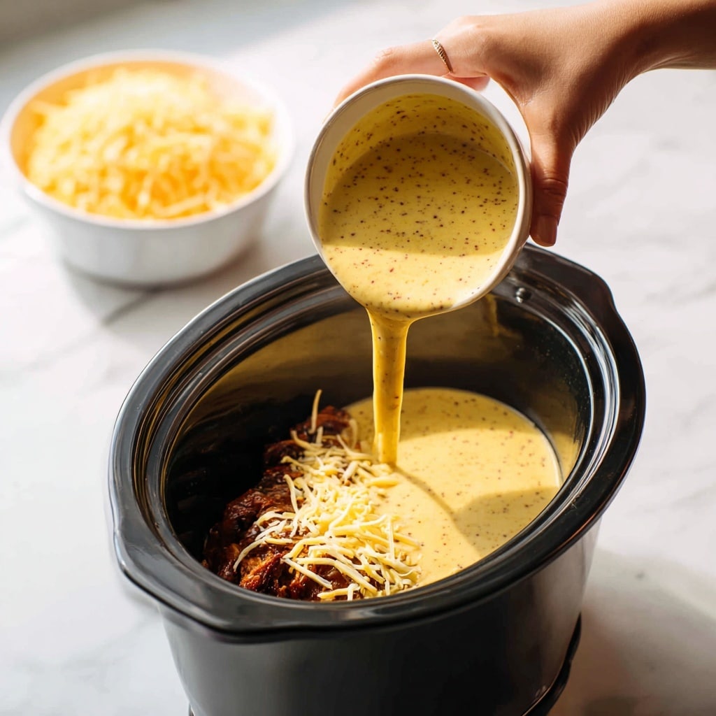 A woman's hand is pouring a thick, creamy yellow sauce with small specks into a black slow cooker. Inside the slow cooker, there is a layer of dark brown cooked meat at the bottom, partially covered by the sauce being poured. To the upper left side of the image, a white bowl filled with shredded yellow cheese sits on the white marbled surface. The overall setting is bright with soft lighting highlighting the smooth sauce and textured meat inside the cooker. Photo taken with an iphone --ar 4:5 --v 7