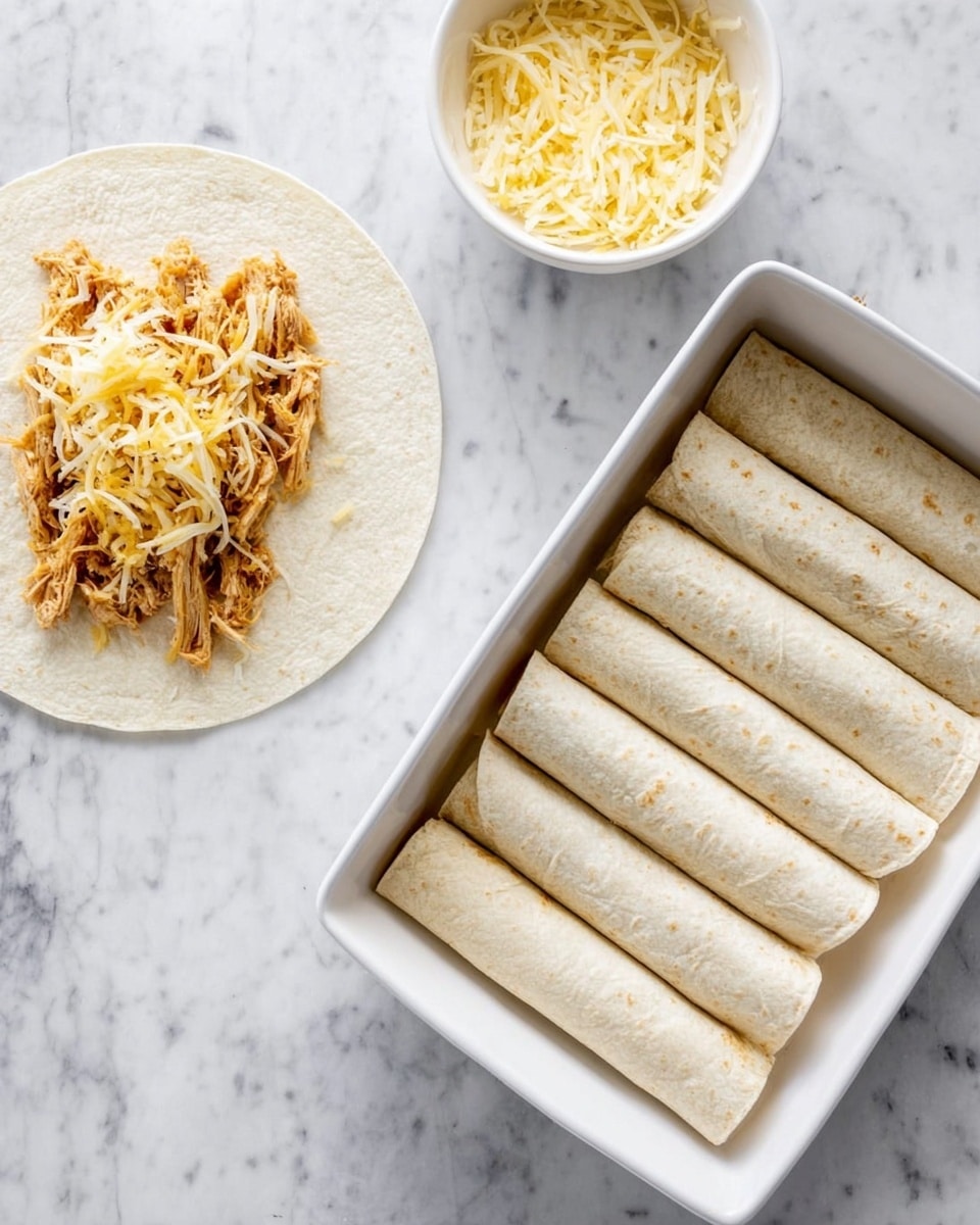 The image shows two parts: on the left side there is a white tortilla flat on a white marble surface with shredded yellow and white cheese in the middle, topped with brown shredded chicken, with a white bowl of more shredded cheese above it; on the right side there is a white rectangular baking dish on a white marble surface, holding six rolled tortillas lined up side by side, light beige in color with a slightly textured surface. photo taken with an iphone --ar 4:5 --v 7