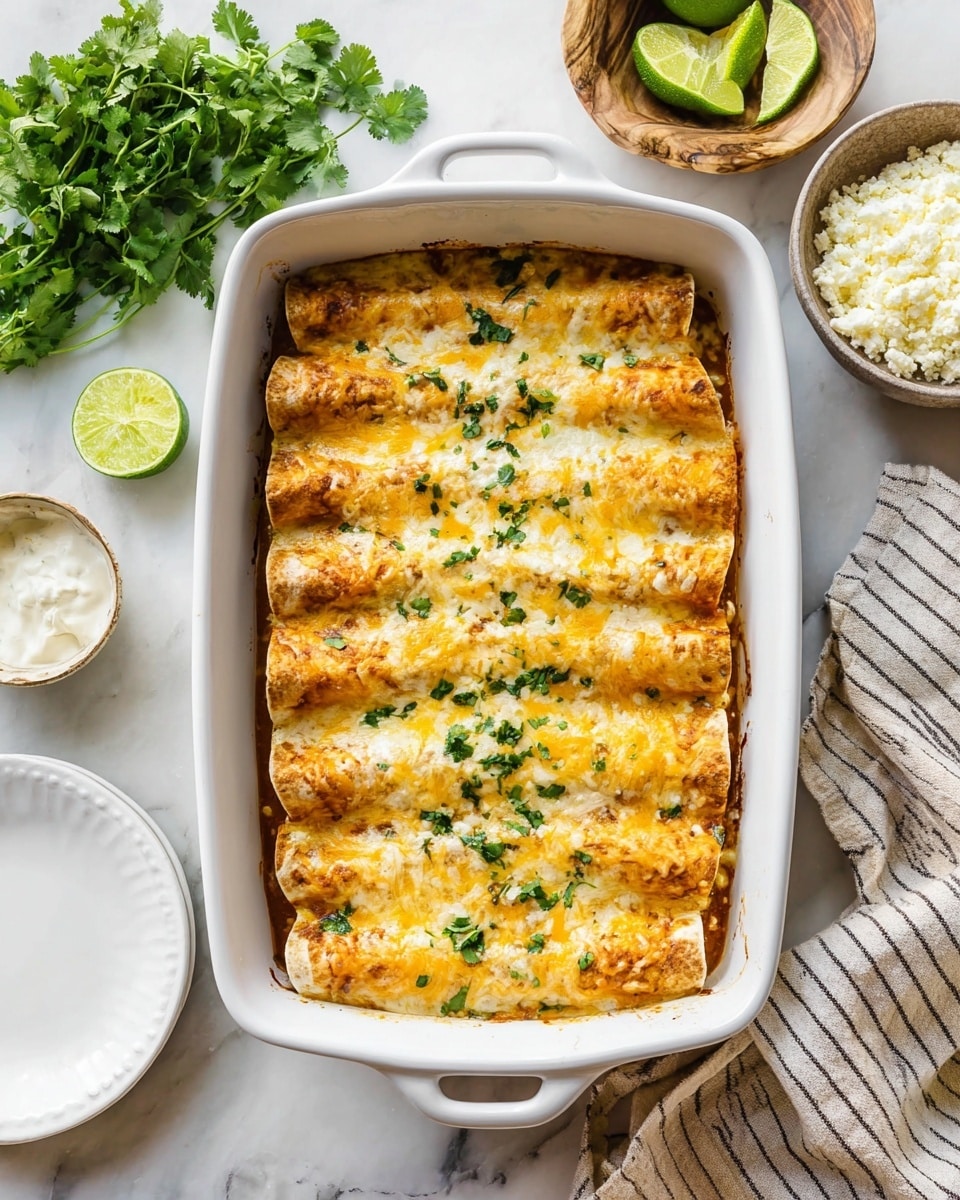 The image shows a white baking dish with eight rolled tortillas filled and covered with a melted mix of yellow and white cheese. The enchiladas have a golden-brown top layer with melted cheese bubbling around the edges. Bright green chopped cilantro sprinkled on top adds freshness. The dish rests on a white marbled surface, surrounded by lime wedges, a bunch of leafy cilantro, a bowl with a creamy white sauce, and a white plate with crumbly white cheese nearby. A striped beige and gray cloth is placed to the right of the baking dish. Photo taken with an iphone --ar 4:5 --v 7